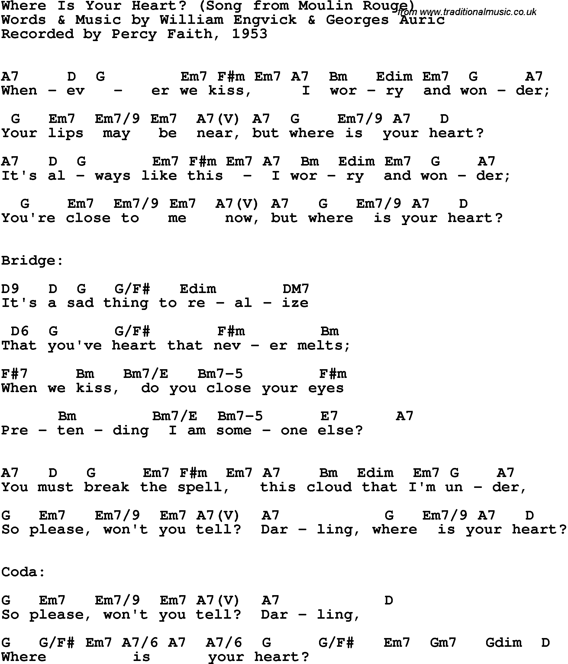 Song Lyrics with guitar chords for Where Is Your Heart - Percy Faith, 1953
