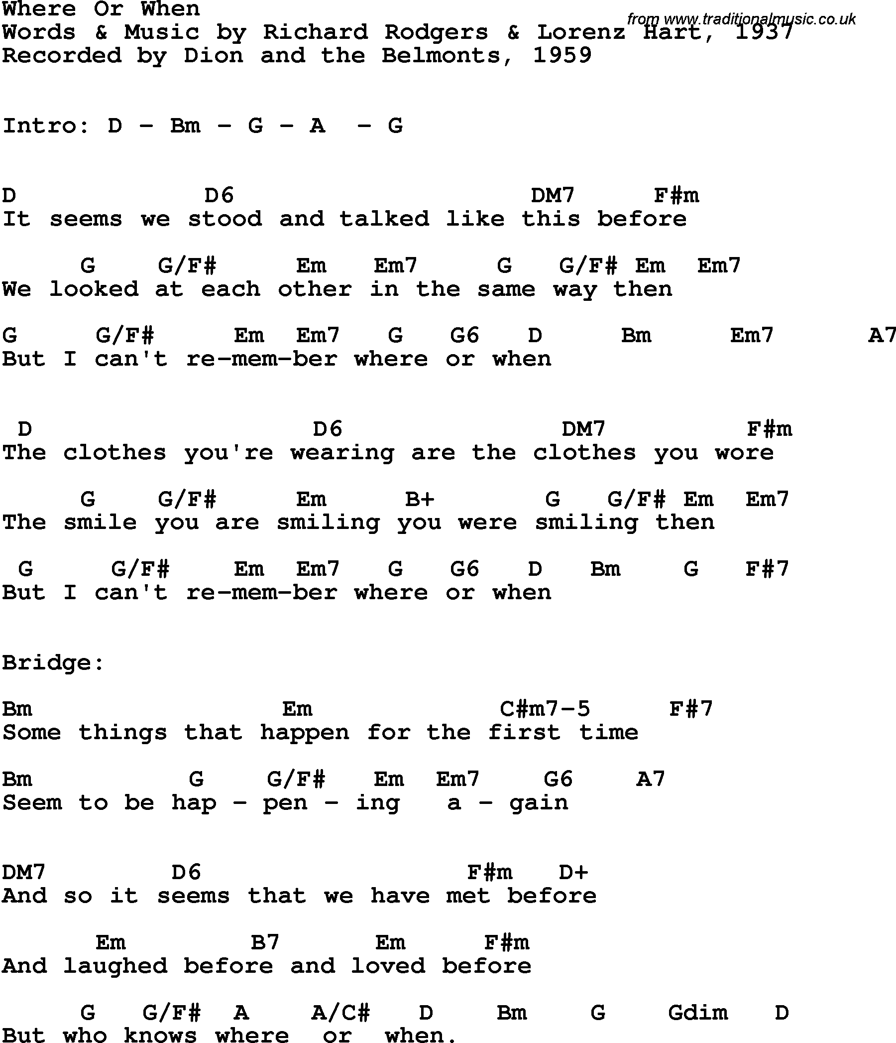 Song Lyrics with guitar chords for Where Or When - Dion & The Belmonts, 1959