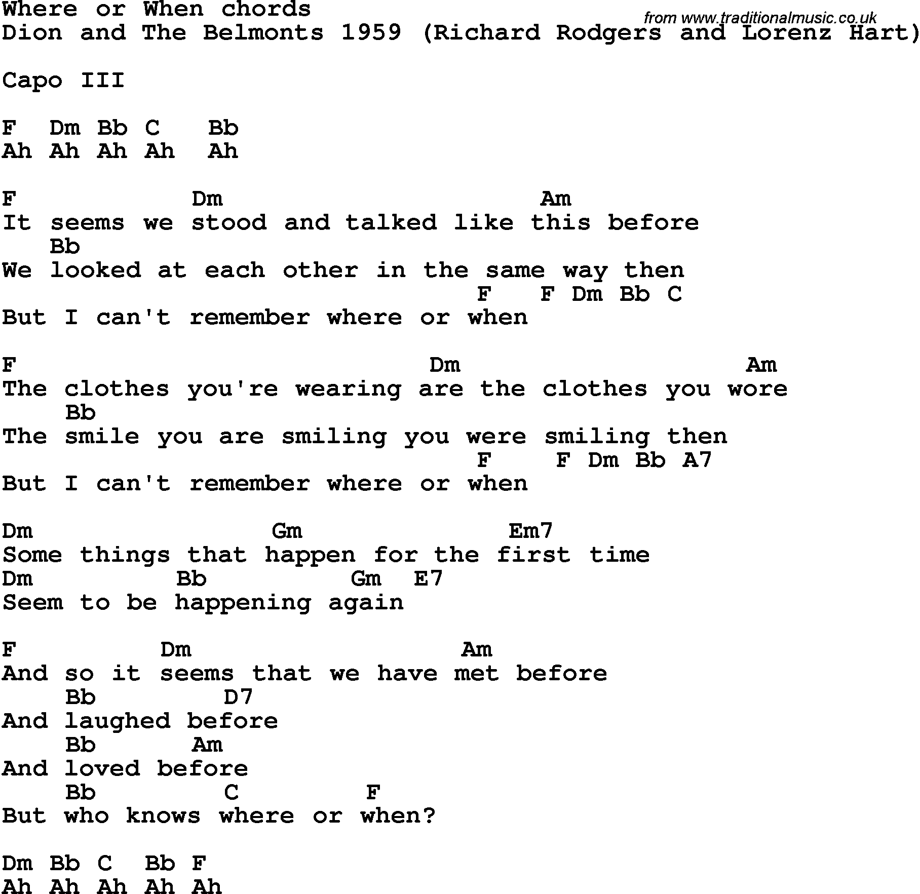 Song Lyrics with guitar chords for Where Or When