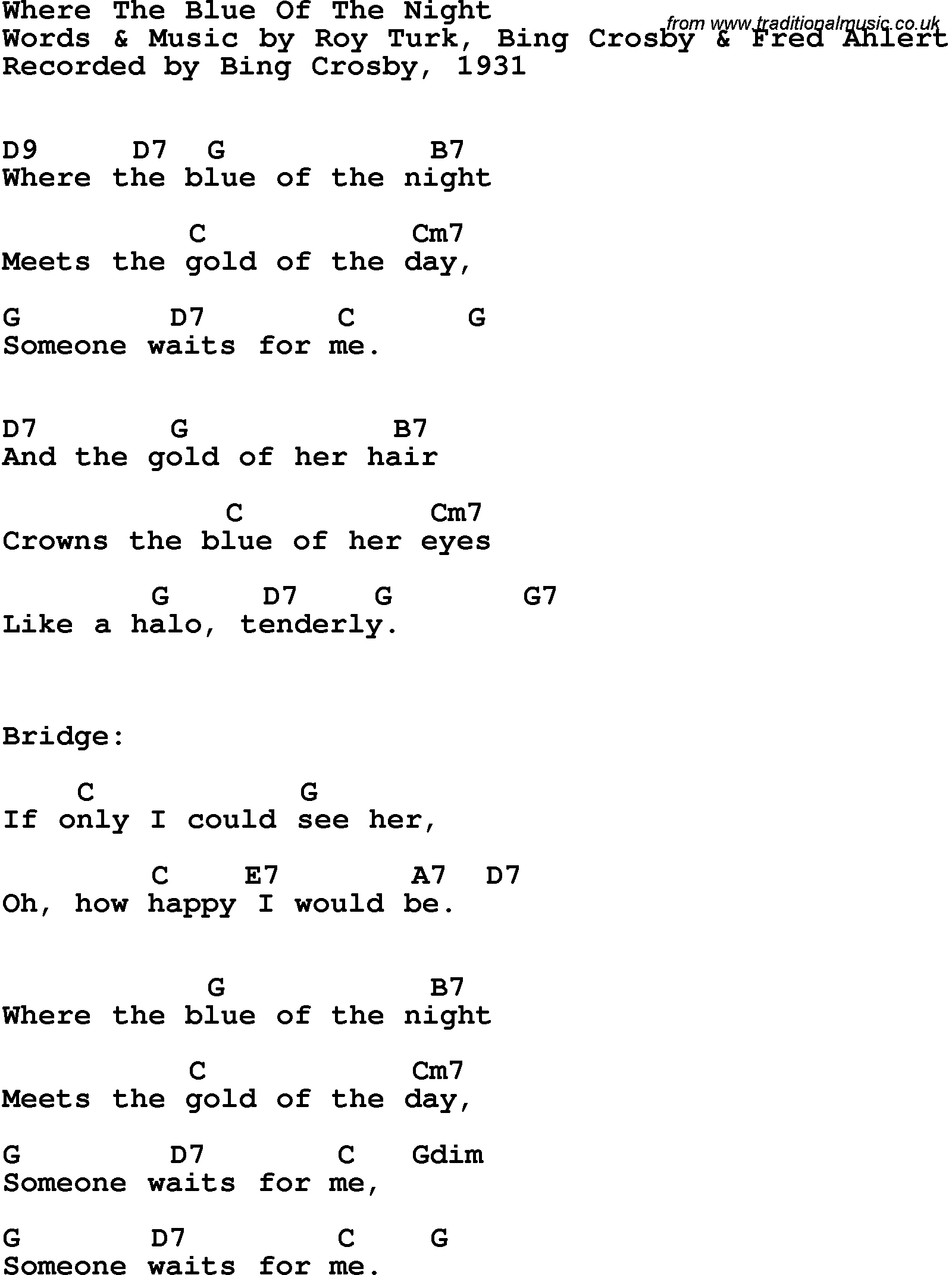 Song Lyrics with guitar chords for Where The Blue Of The Night - Bing Crosby, 1931