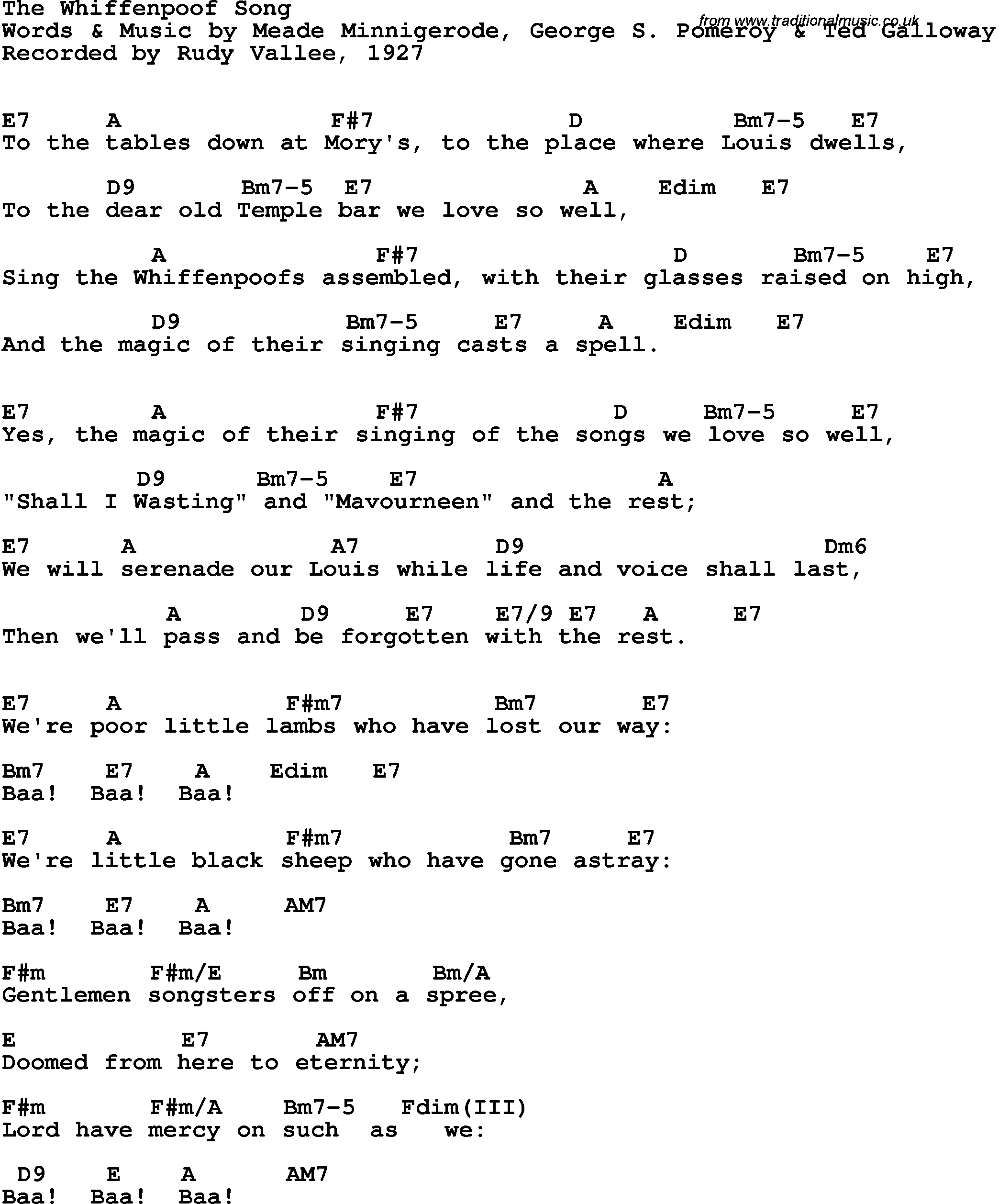 Song Lyrics with guitar chords for Whiffenpoof Song, The - Rudy Vallee, 1927