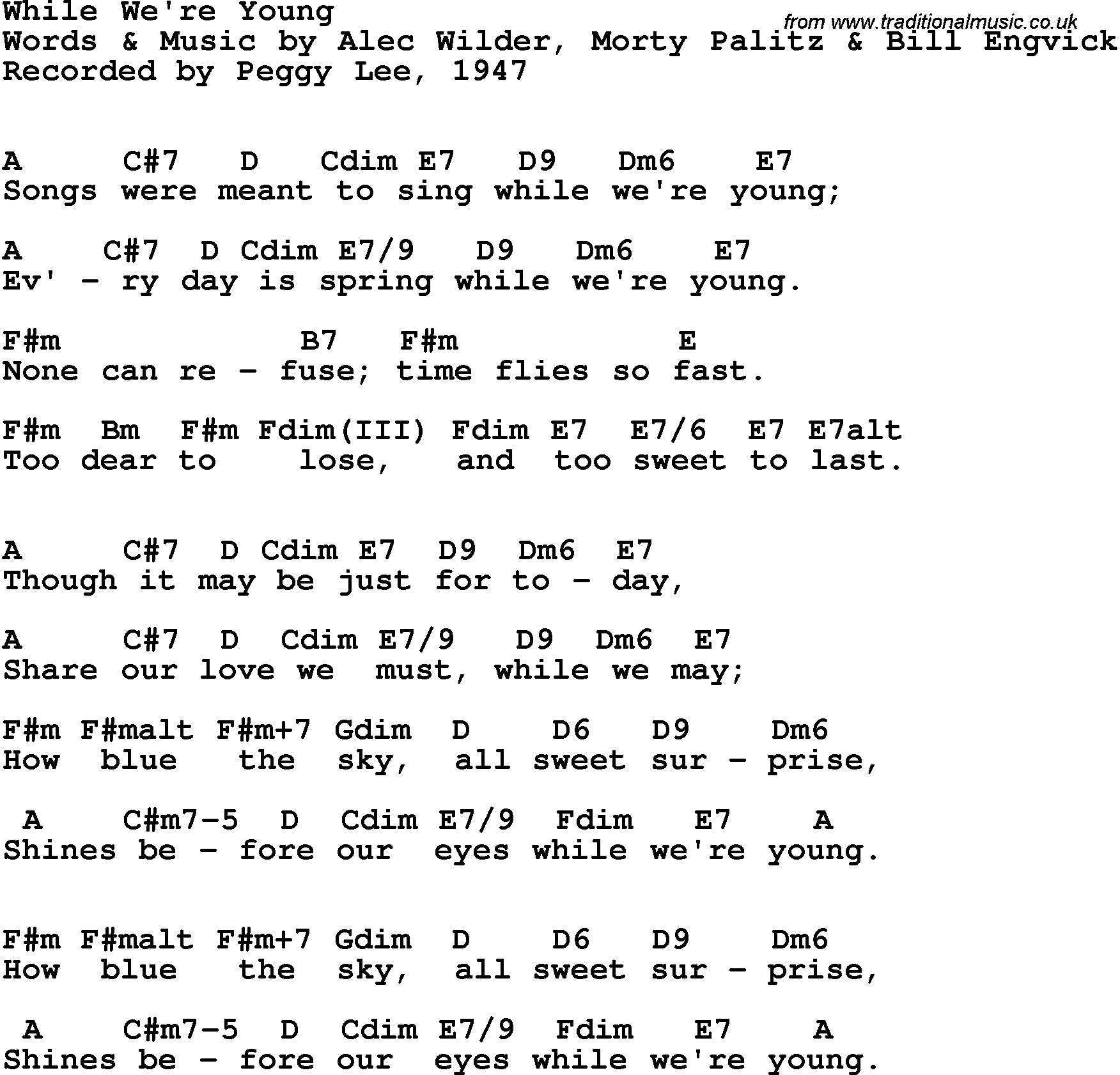 Song Lyrics with guitar chords for While We're Young - Peggy Lee, 1947