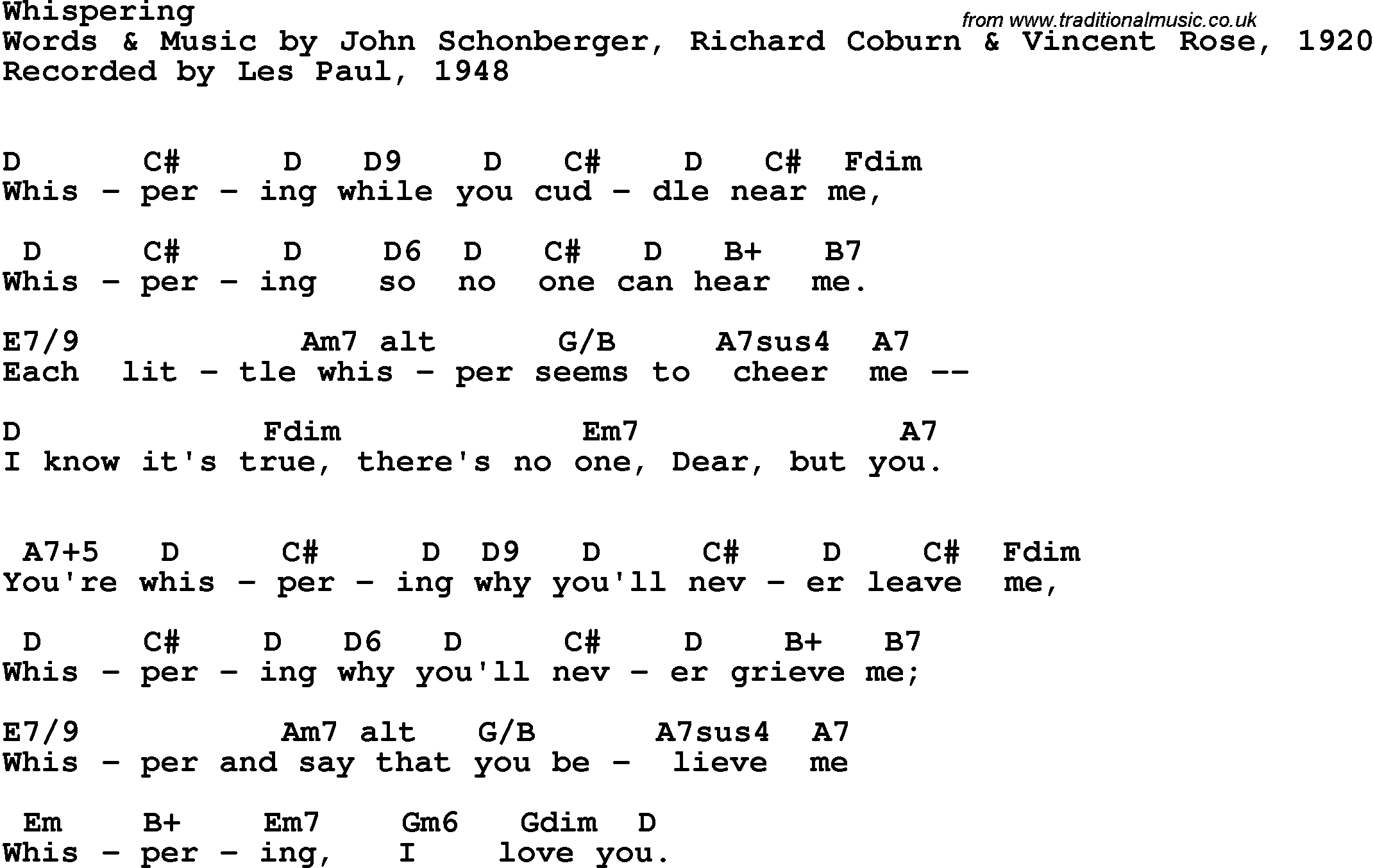 Song Lyrics with guitar chords for Whispering - Les Paul, 1948