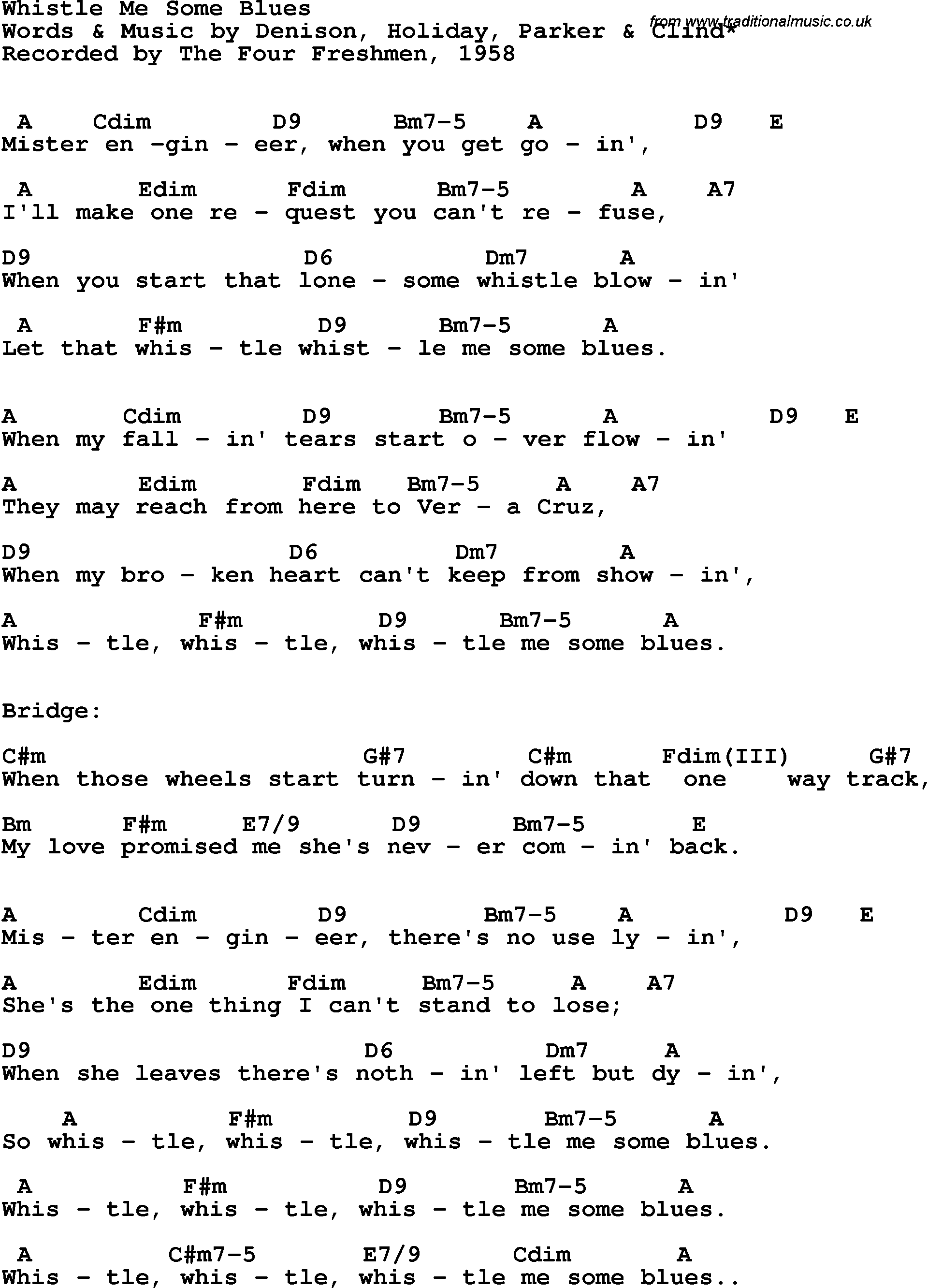 Song Lyrics with guitar chords for Whistle Me Some Blues - The Four Freshmen, 1958