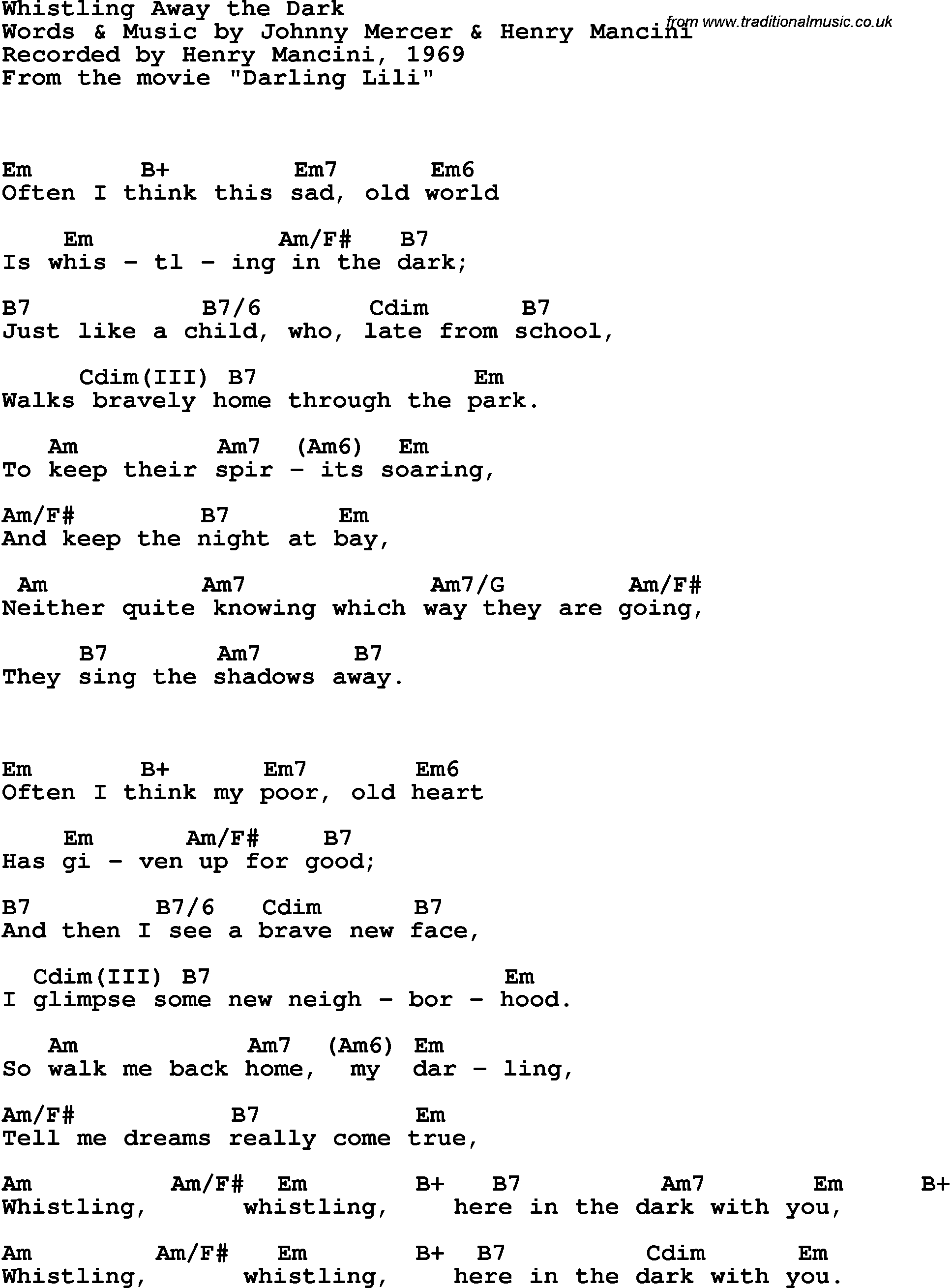 Song Lyrics with guitar chords for Whistling Away The Dark - Henry Mancini, 1969