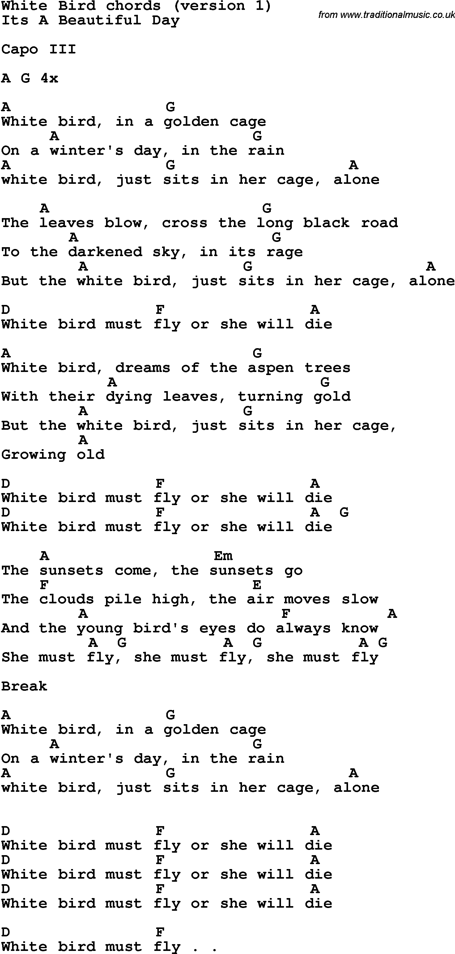 Song Lyrics with guitar chords for White Bird
