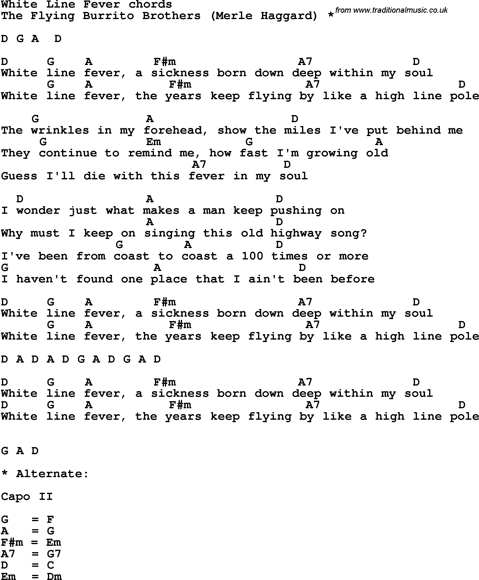 Song Lyrics with guitar chords for White Line Fever