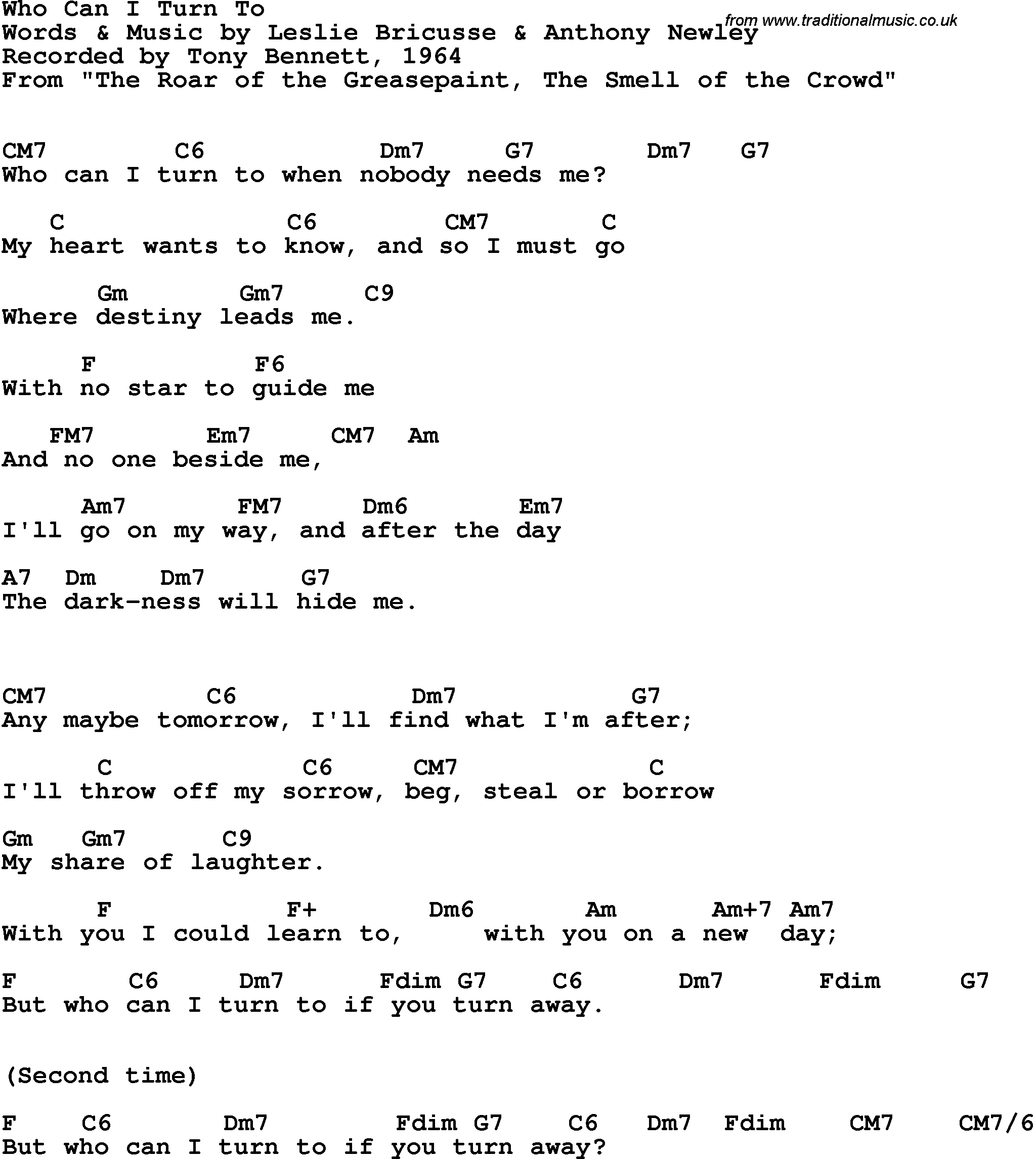 Song Lyrics with guitar chords for Who Can I Turn To - Tony Bennett, 1964
