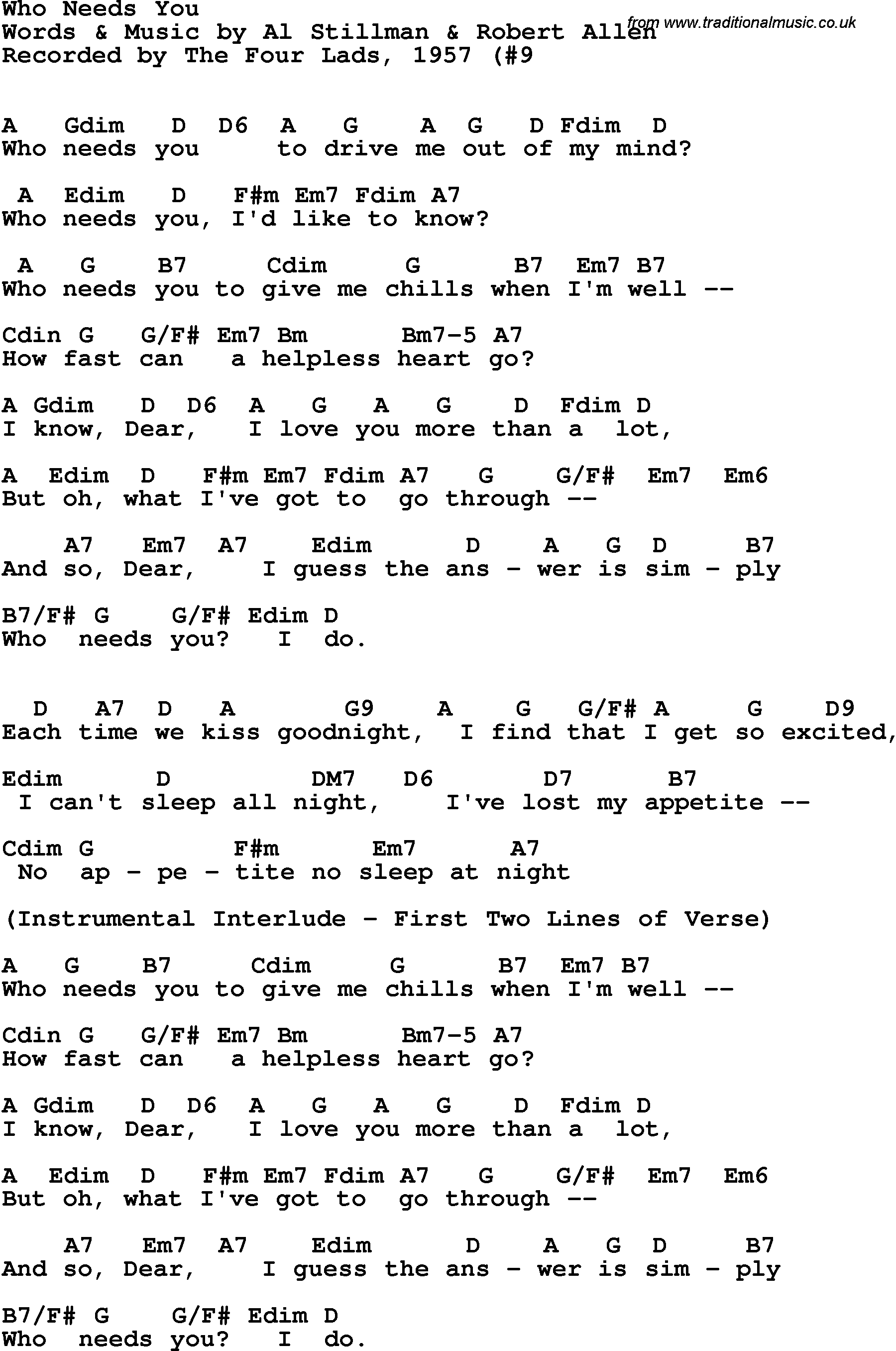 Song Lyrics with guitar chords for Who Needs You - The Four Lads, 1957