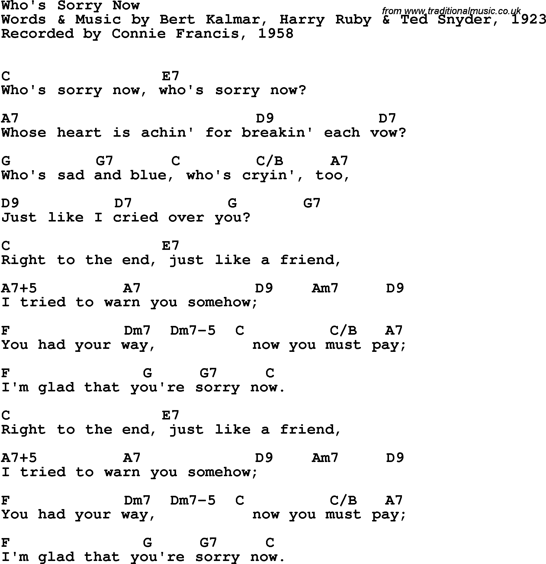 Song Lyrics with guitar chords for Who's Sorry Now - Connie Francis, 1958