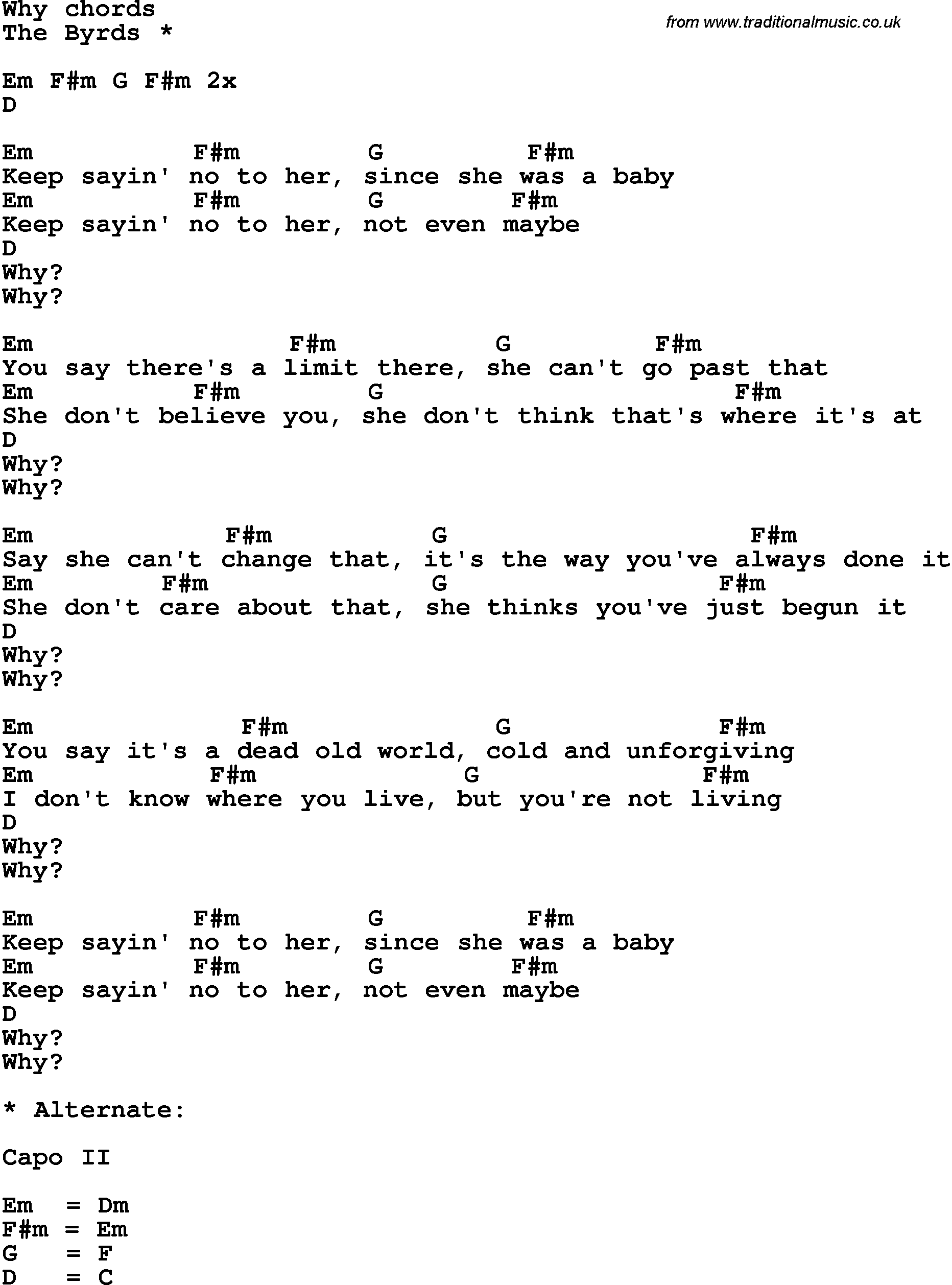 Song Lyrics with guitar chords for Why
