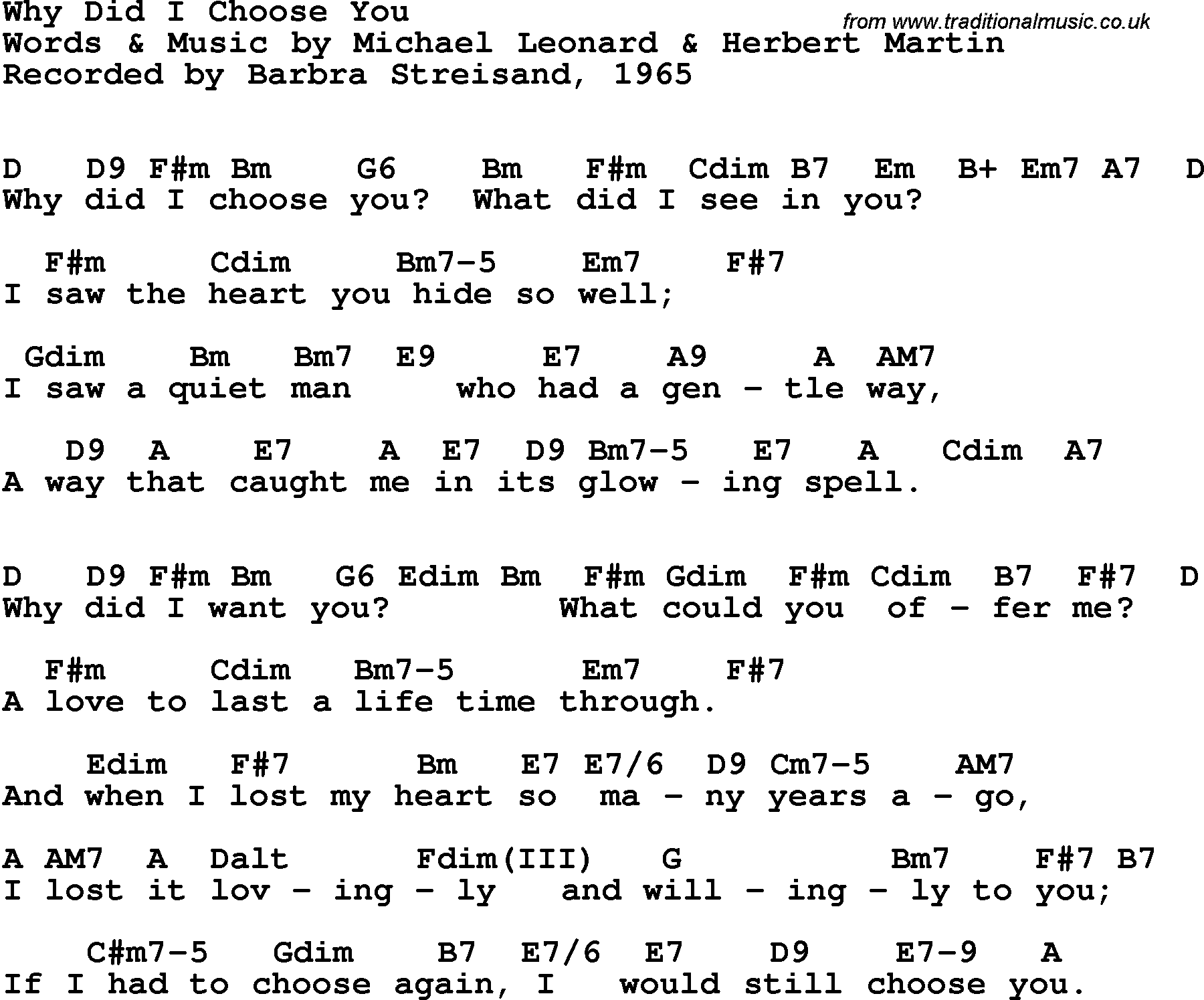 Song Lyrics with guitar chords for Why Did I Choose You - Barbra Streisand, 1965