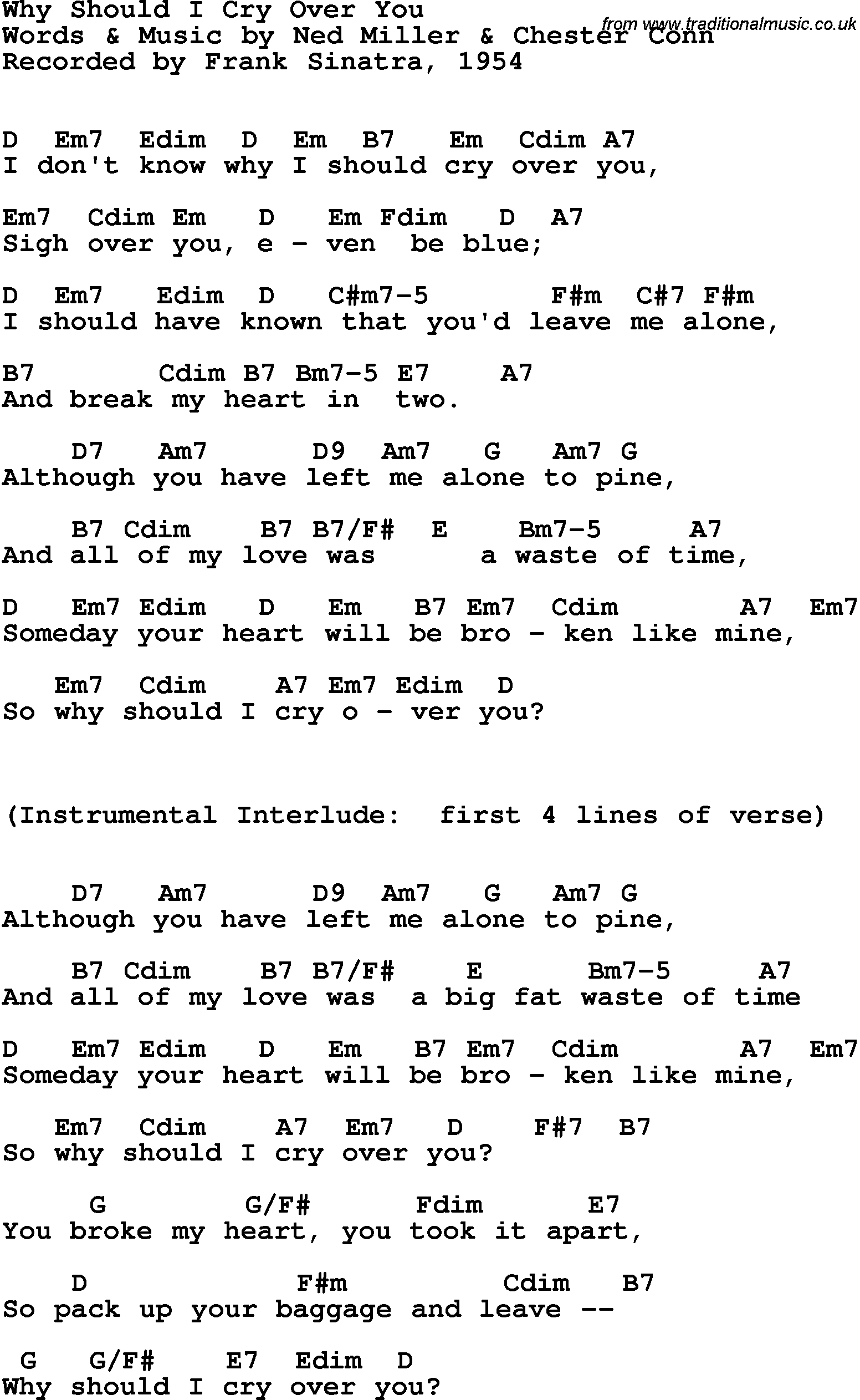 Song Lyrics with guitar chords for Why Should I Cry Over You - Frank Sinatra, 1954