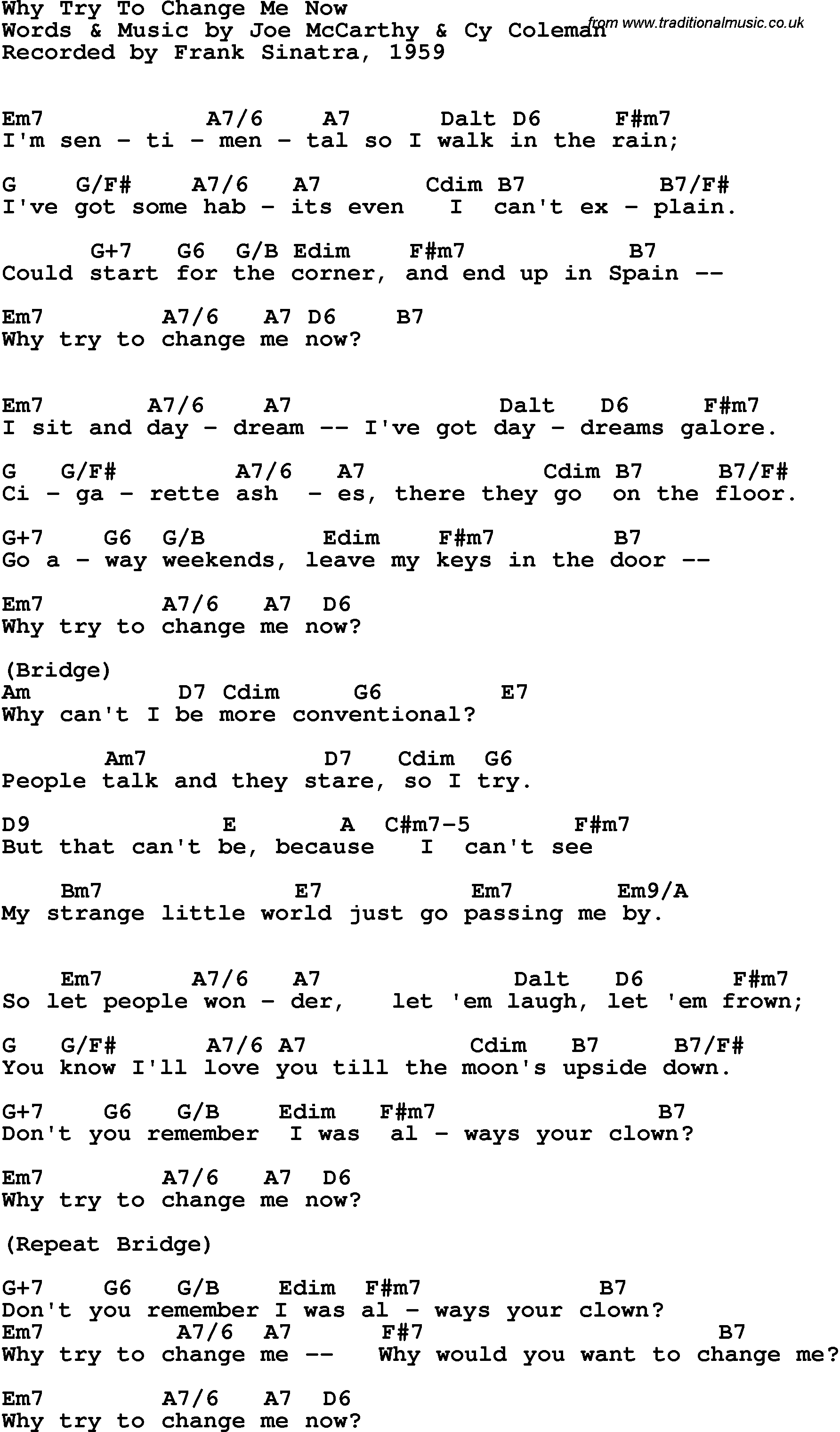 Song Lyrics with guitar chords for Why Try To Change Me Now - Frank Sinatra, 1959