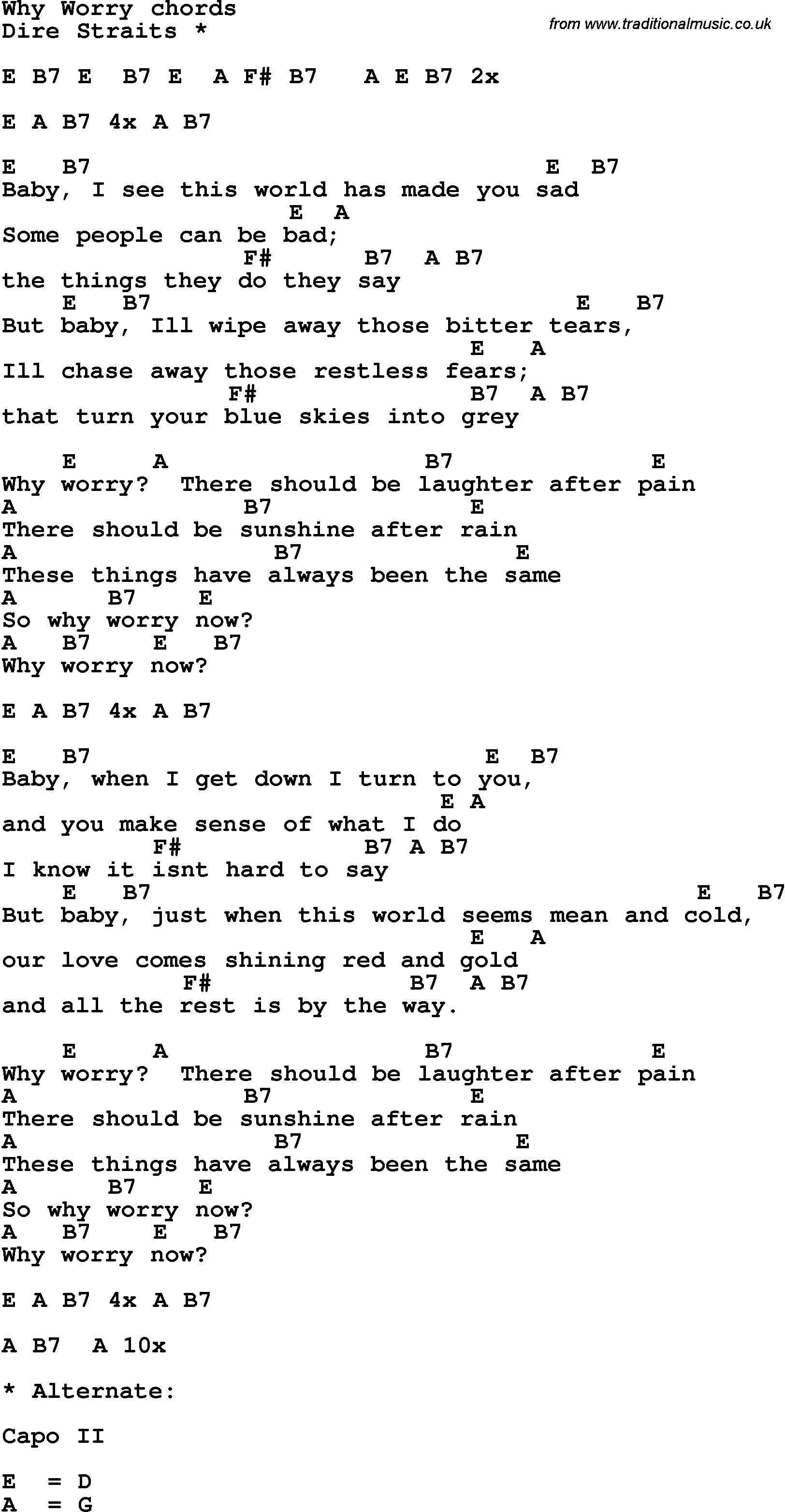 Song Lyrics with guitar chords for Why Worry