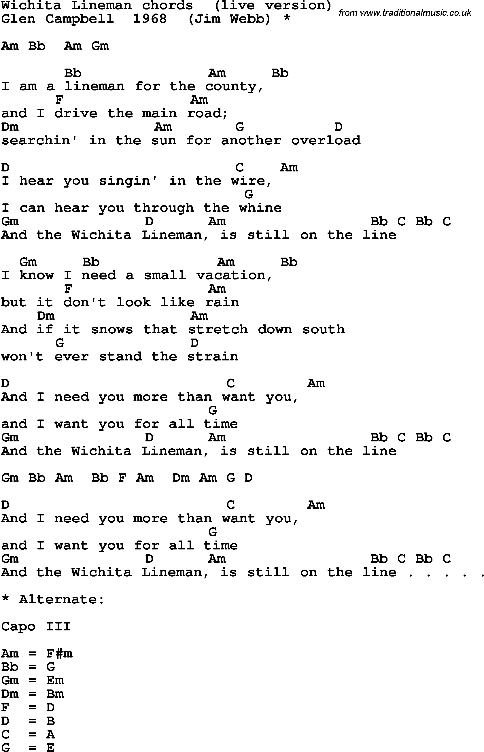 Song Lyrics with guitar chords for Wichita Lineman