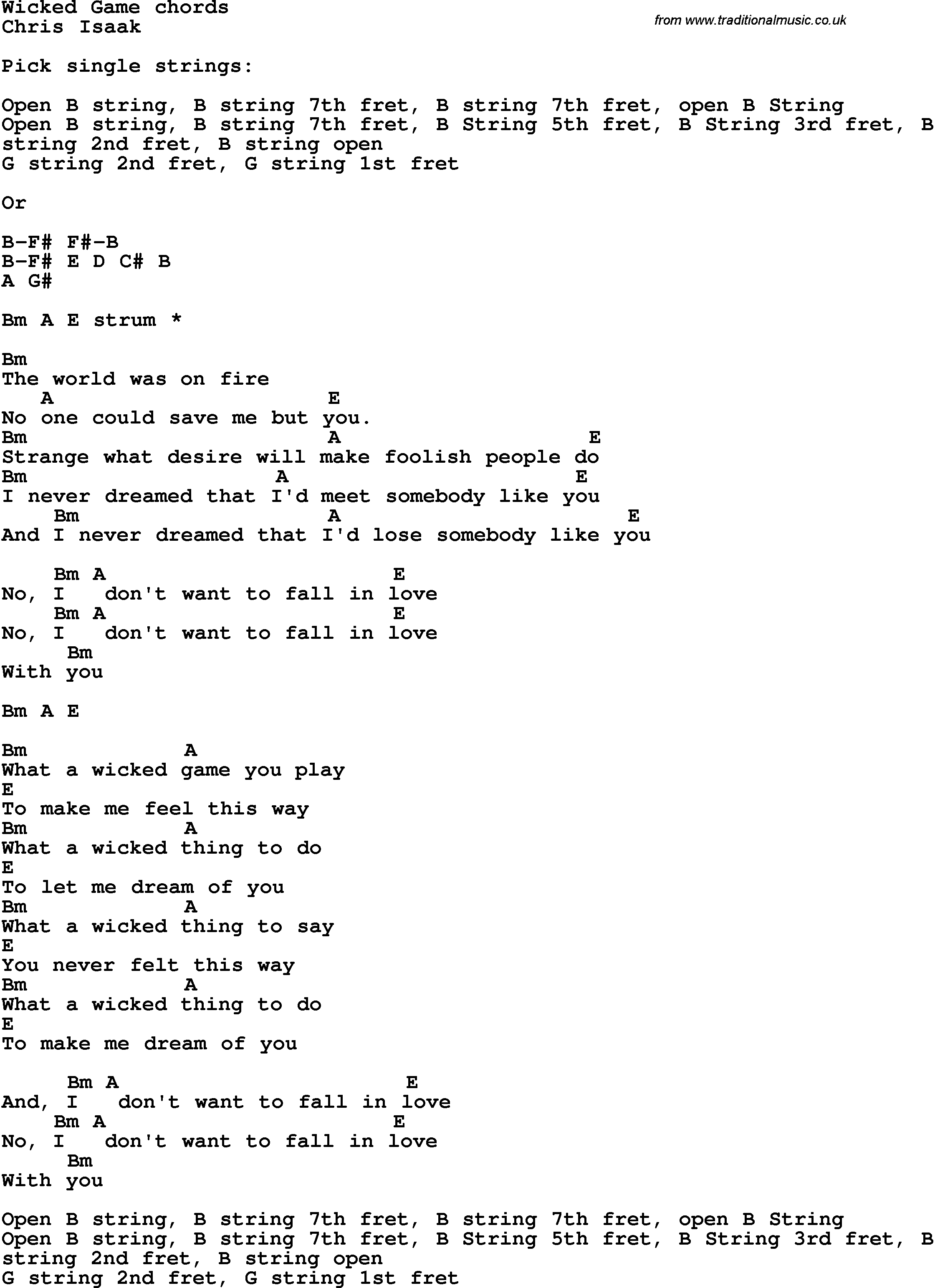 Song Lyrics with guitar chords for Wicked Games