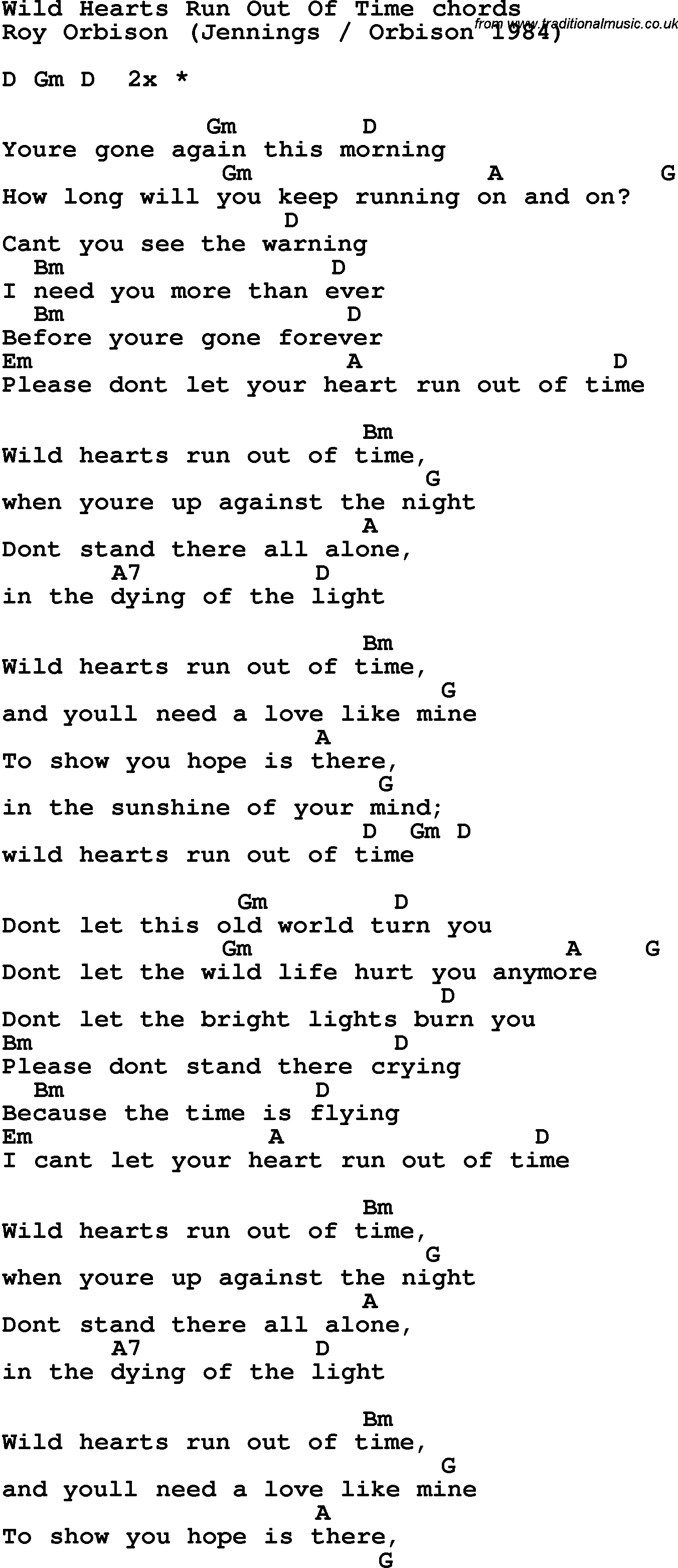 Song Lyrics with guitar chords for Wild Hearts Run Out Of Time