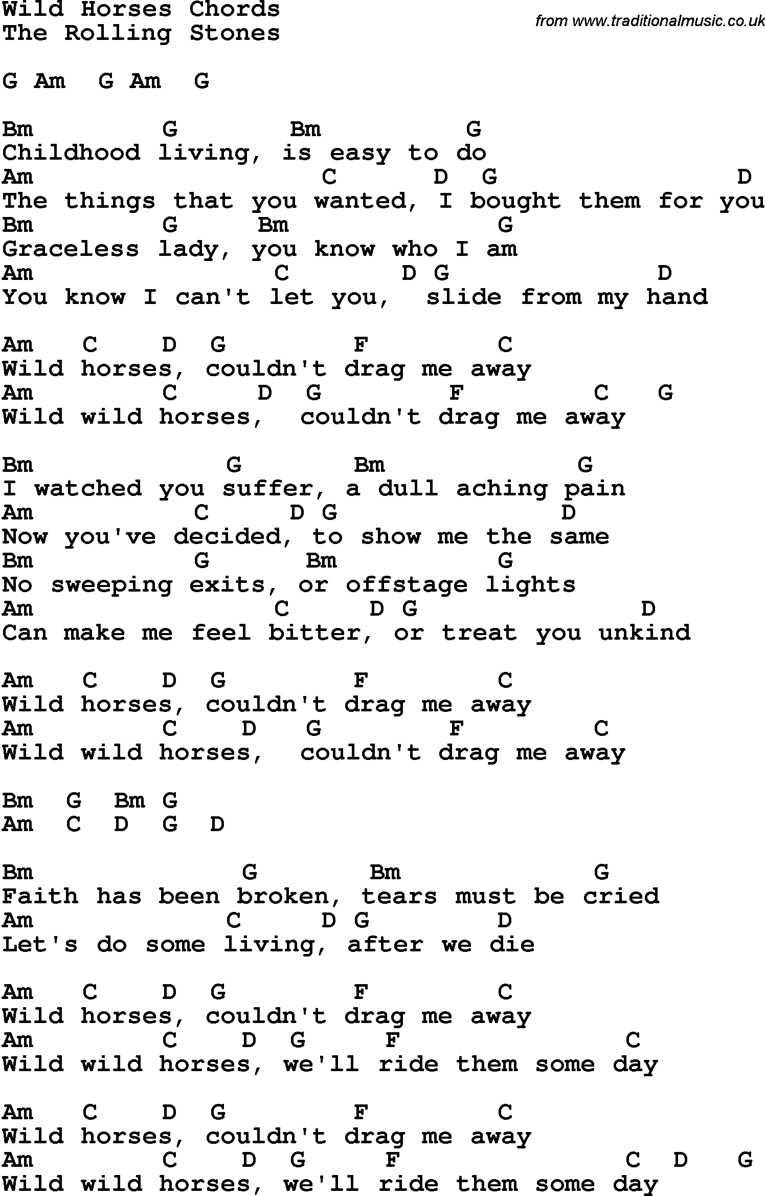 Song Lyrics with guitar chords for Wild Horses