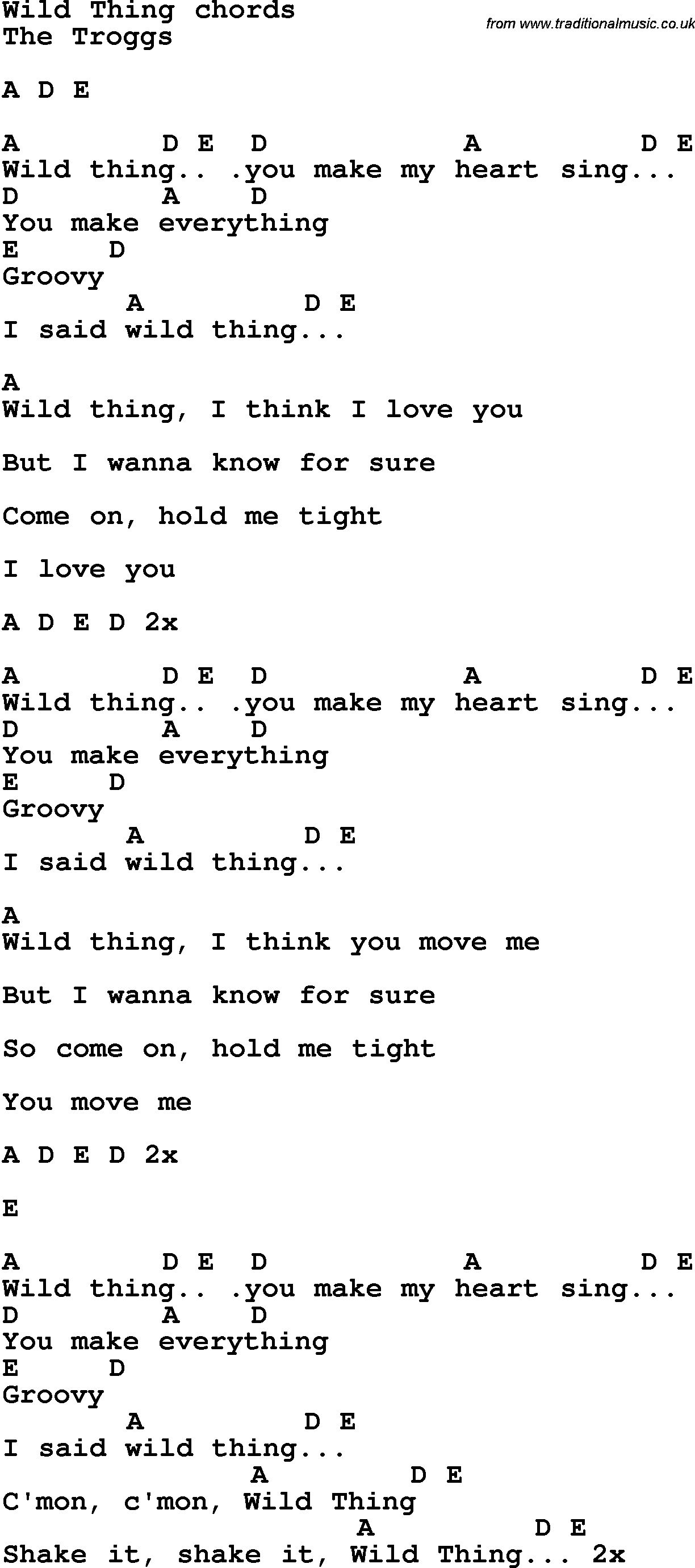 Song Lyrics with guitar chords for Wild Thing