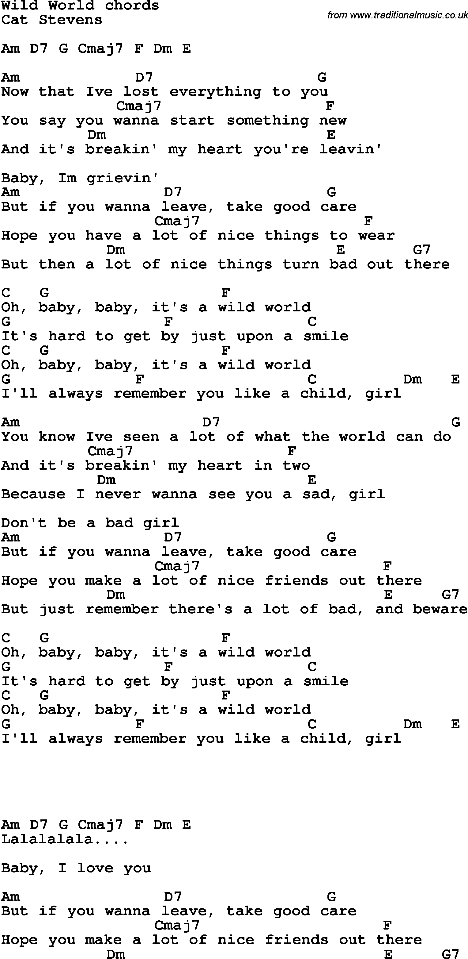 Song Lyrics with guitar chords for Wild World