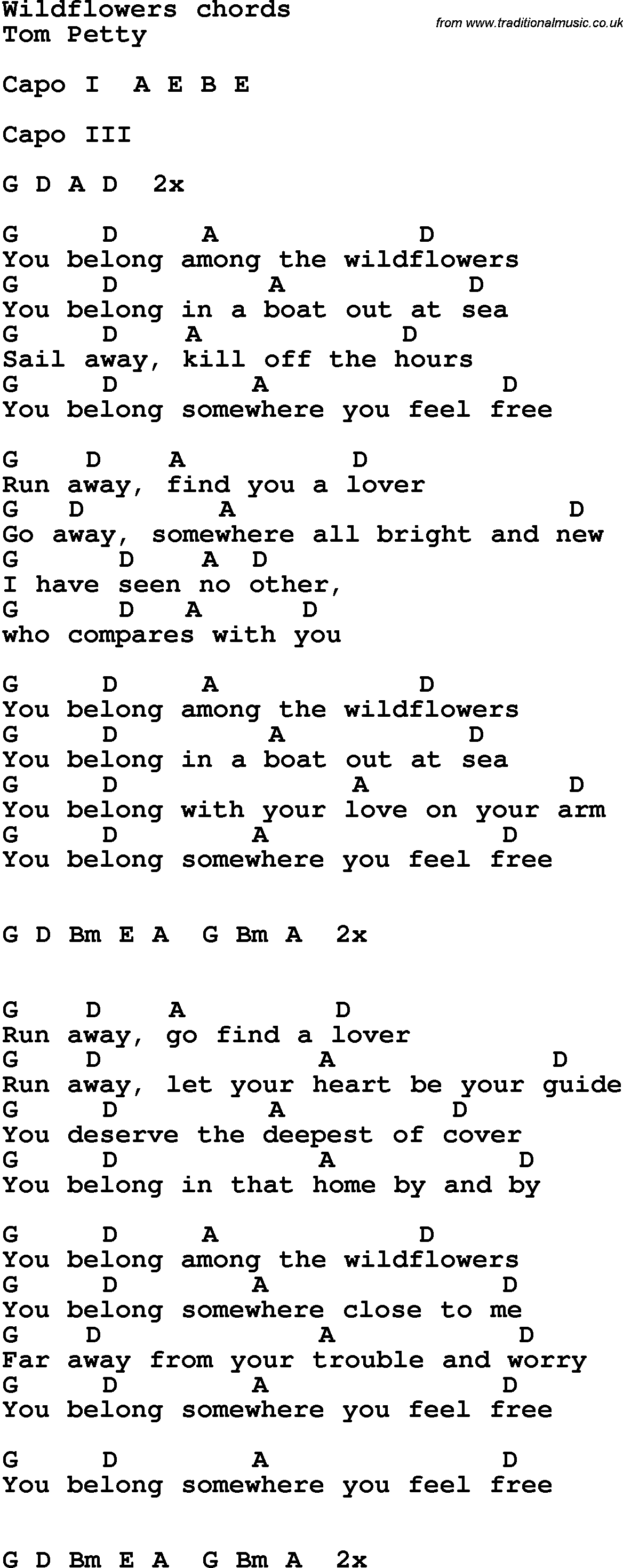Song Lyrics with guitar chords for Wildflowers