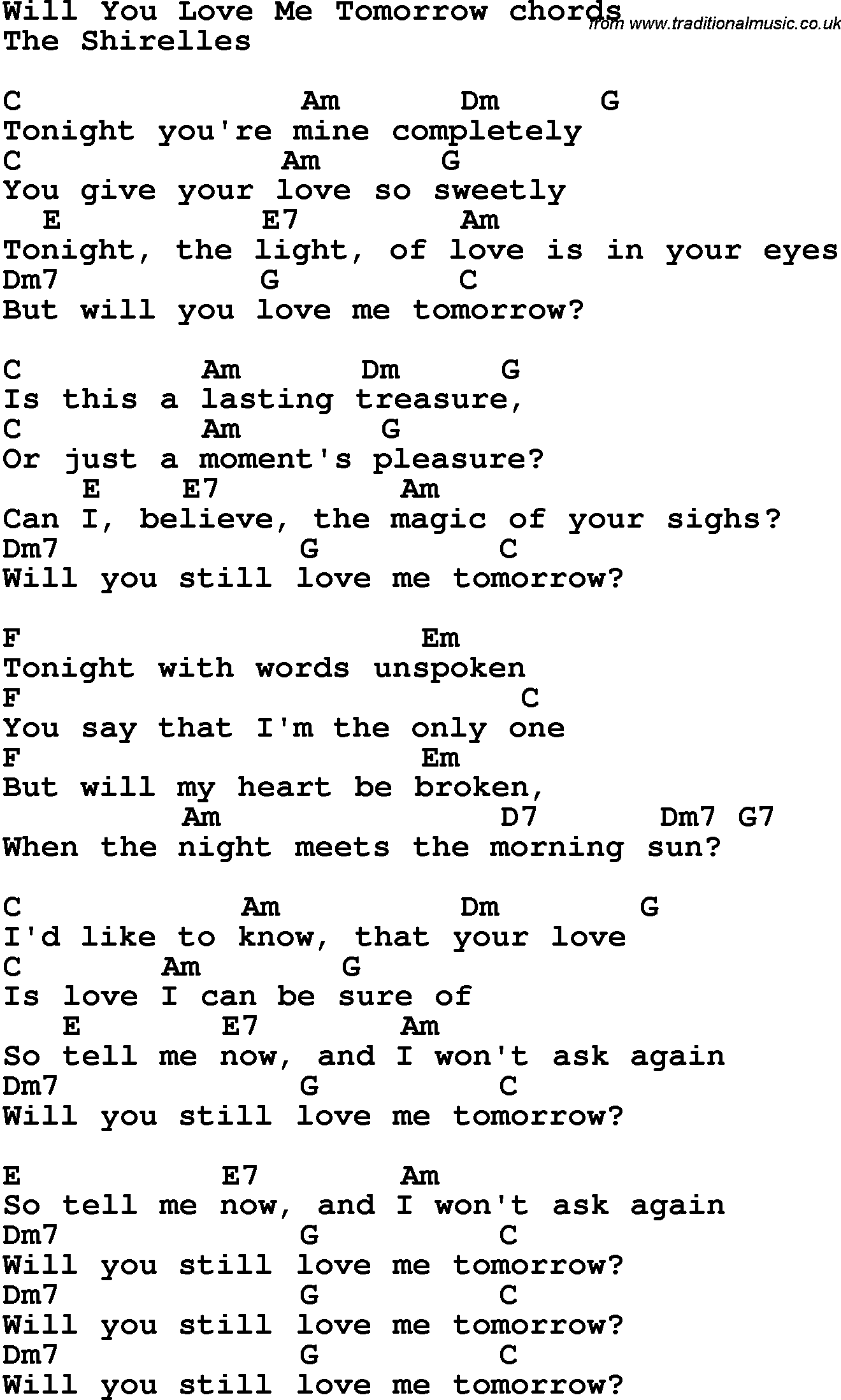 Song Lyrics with guitar chords for Will You Love Me Tomorrow