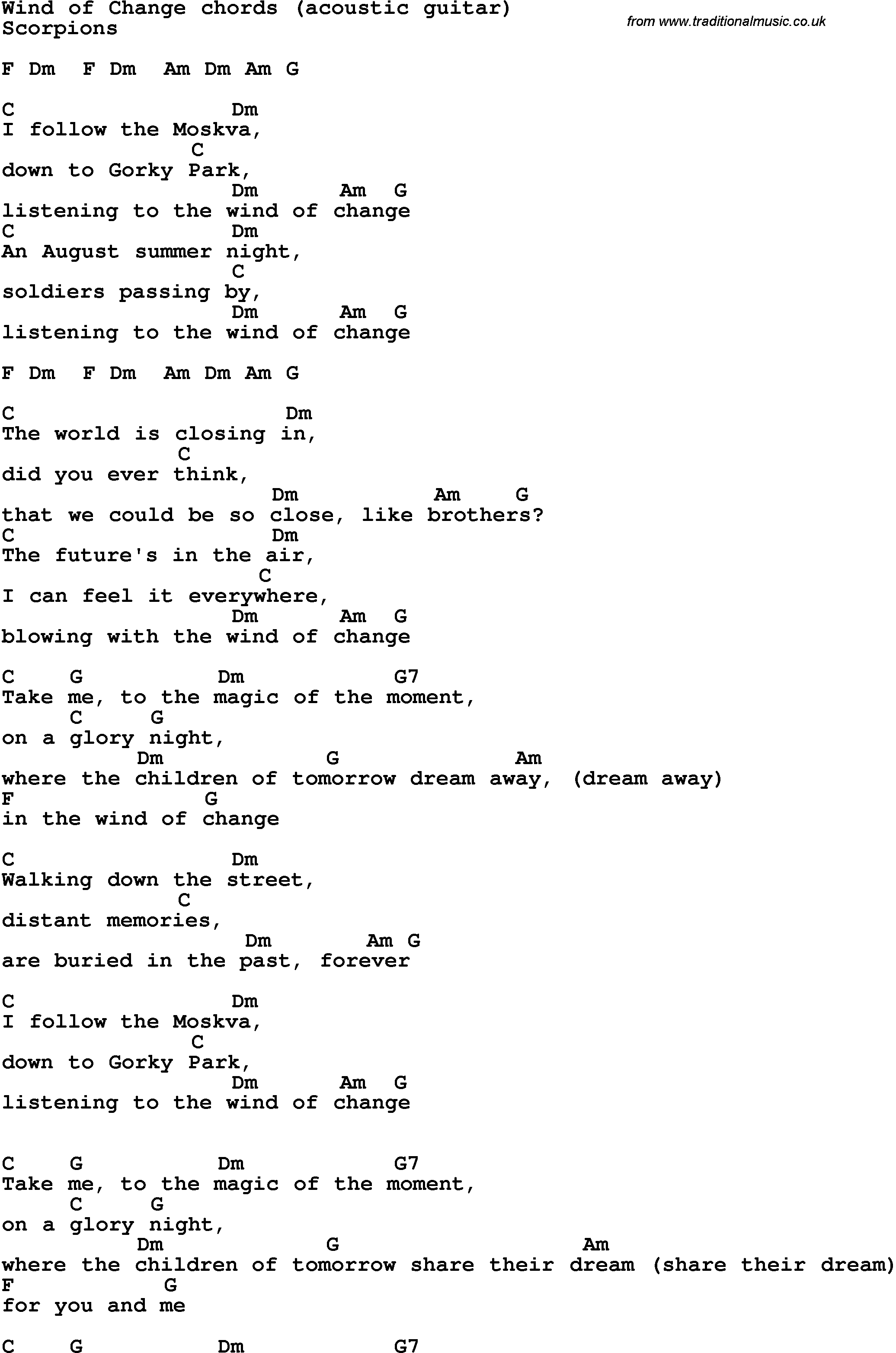 Song Lyrics with guitar chords for Wind Of Change