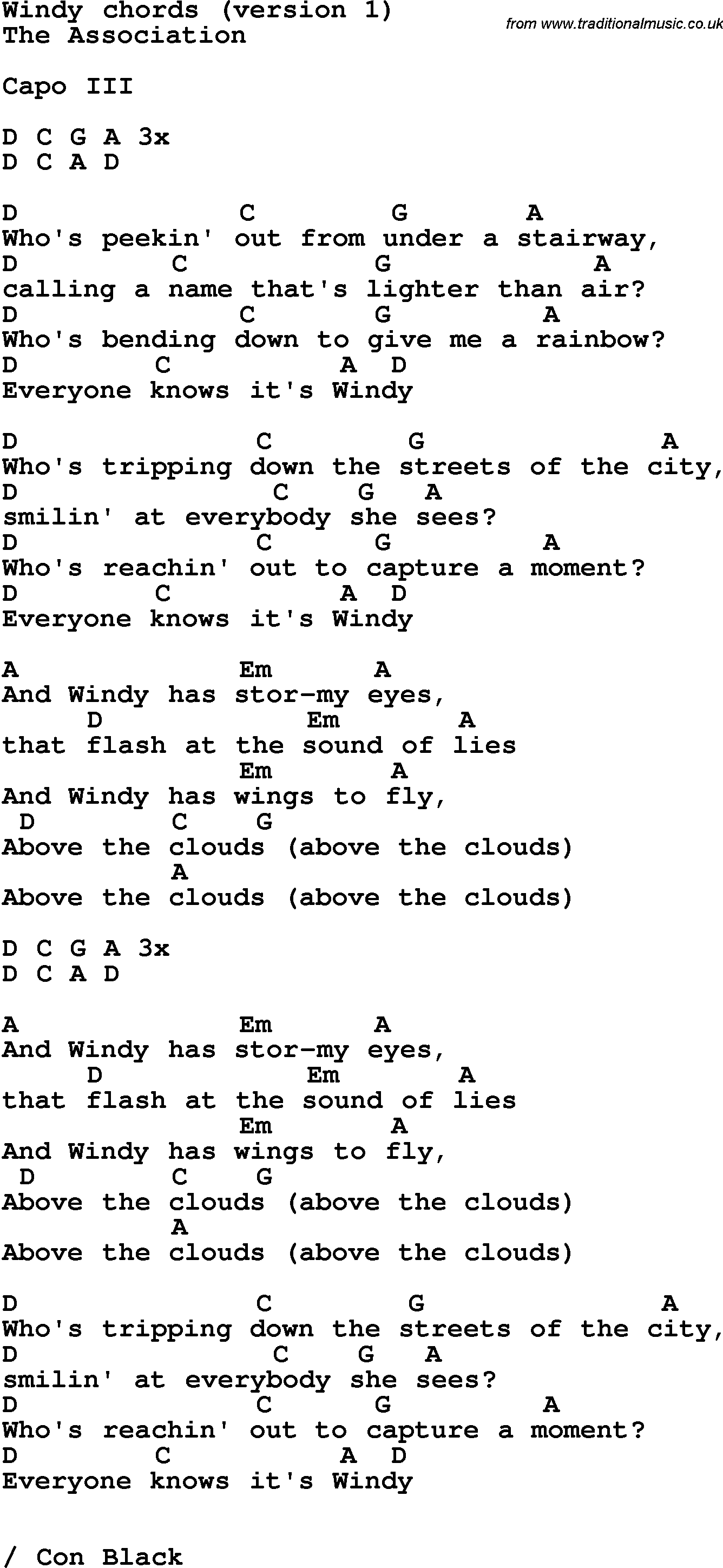 Song Lyrics with guitar chords for Windy