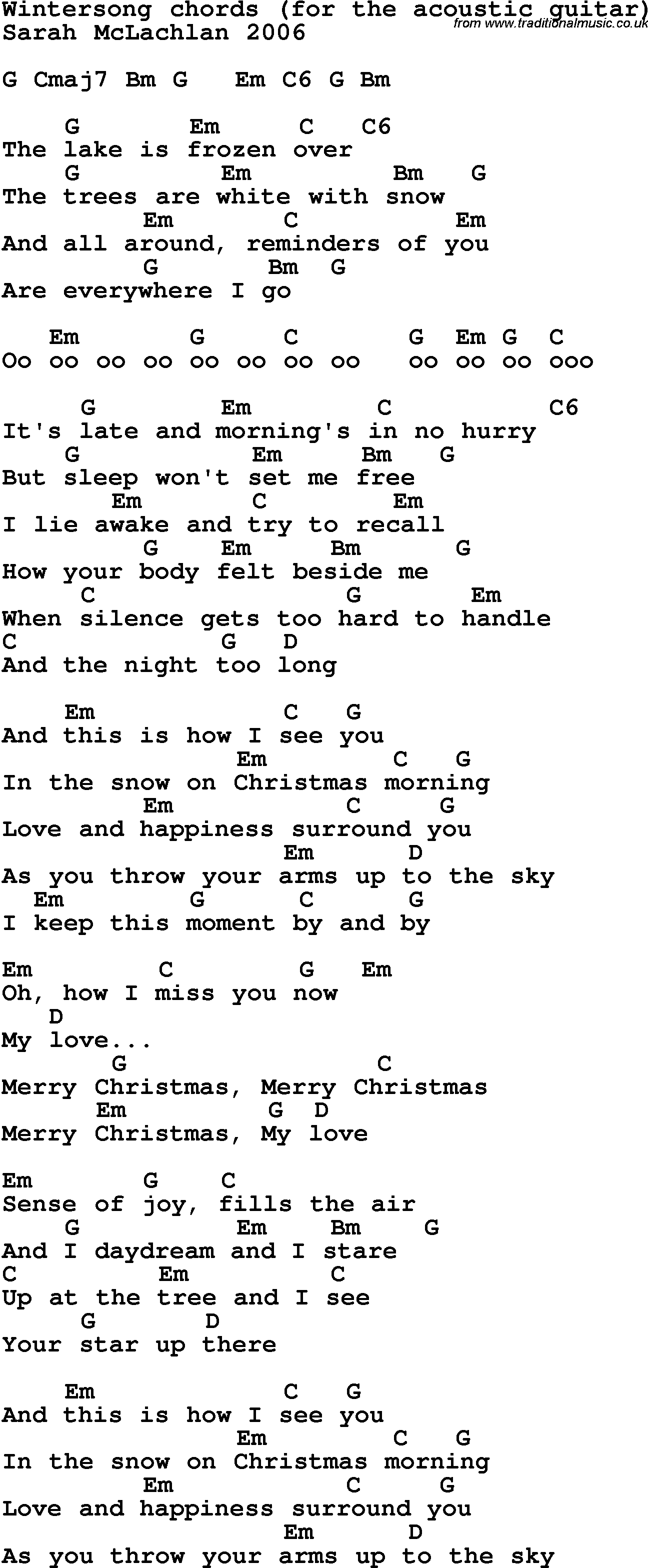 Song Lyrics with guitar chords for Wintersong