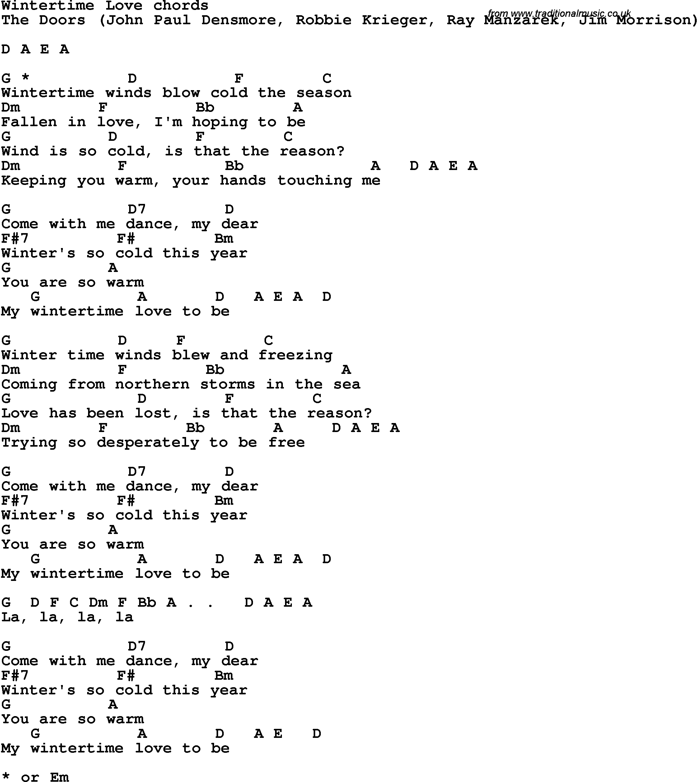 Song Lyrics with guitar chords for Wintertime Love