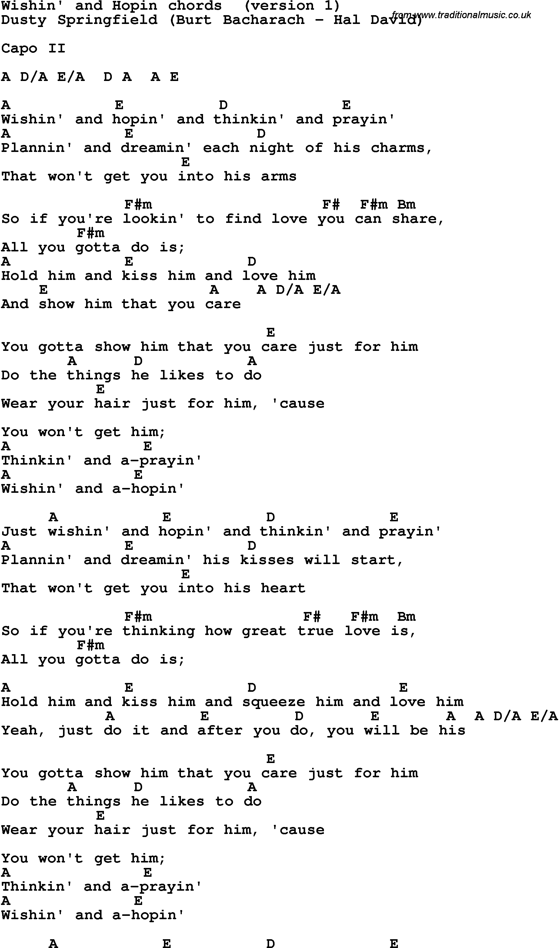 Song Lyrics with guitar chords for Wishin And Hoping
