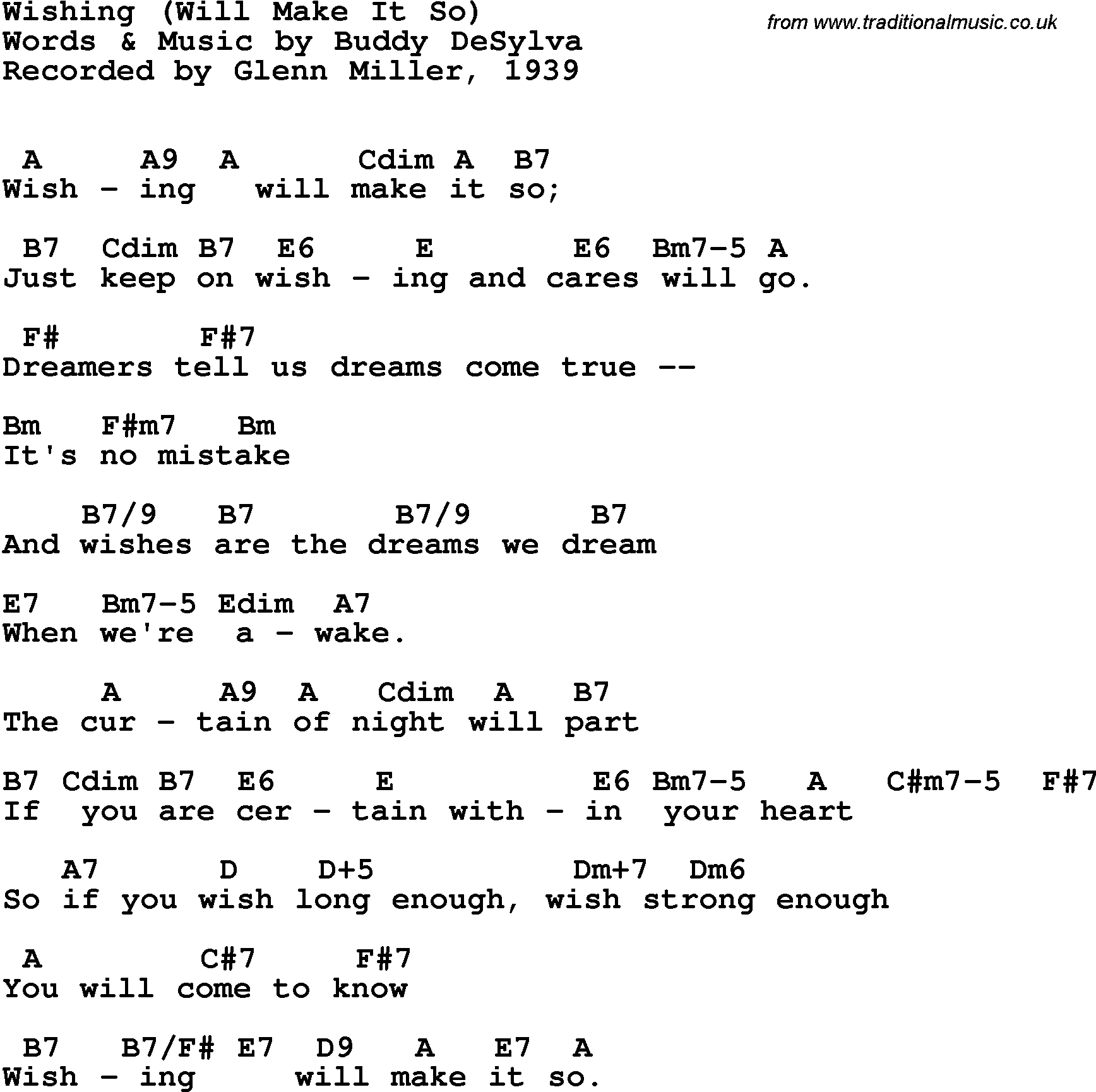 Song Lyrics with guitar chords for Wishing Will Make It So - Glenn Miller, 1939