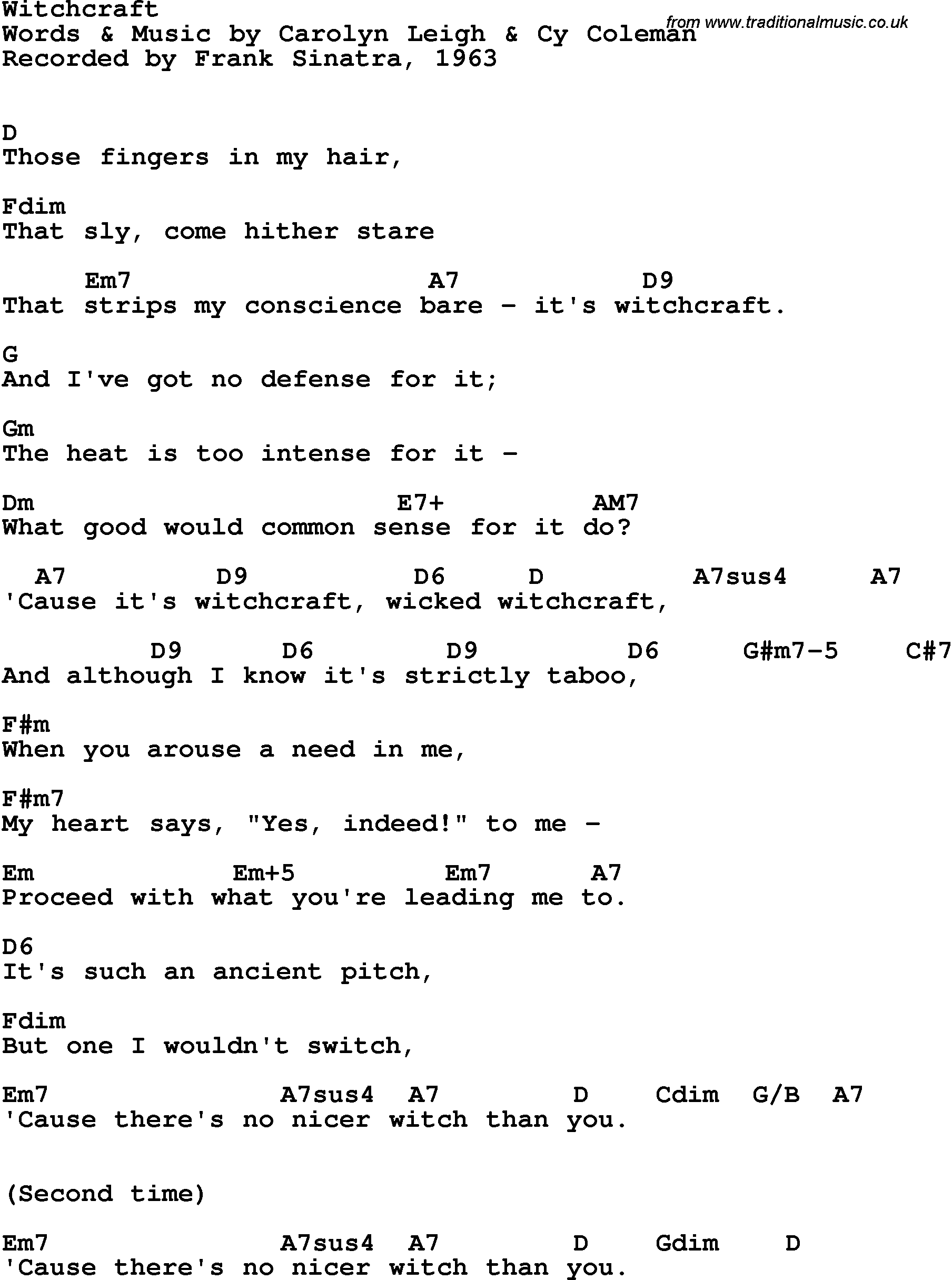 Song Lyrics with guitar chords for Witchcraft - Frank Sinatra, 1963
