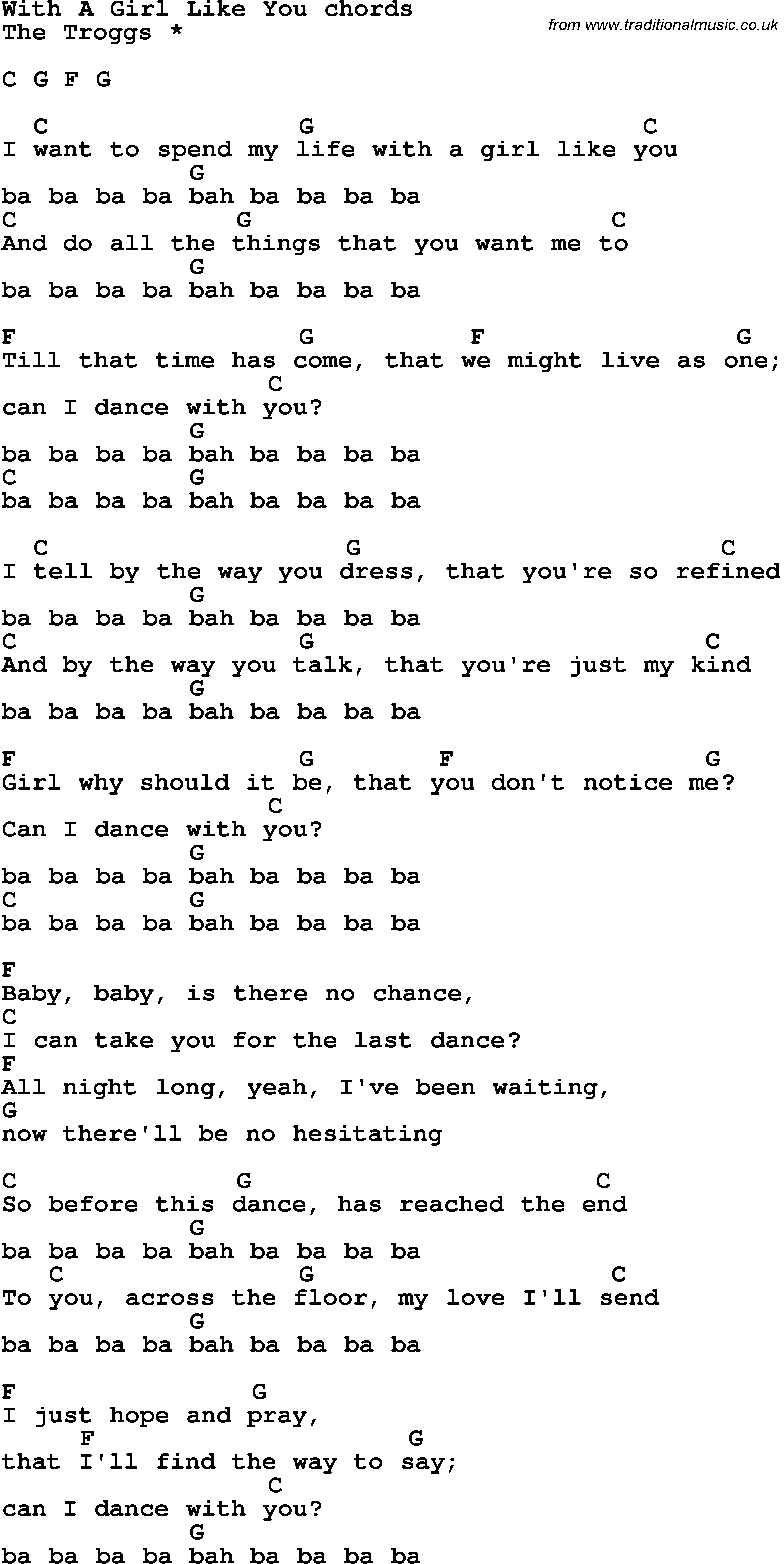 Song Lyrics with guitar chords for With A Girl Like You