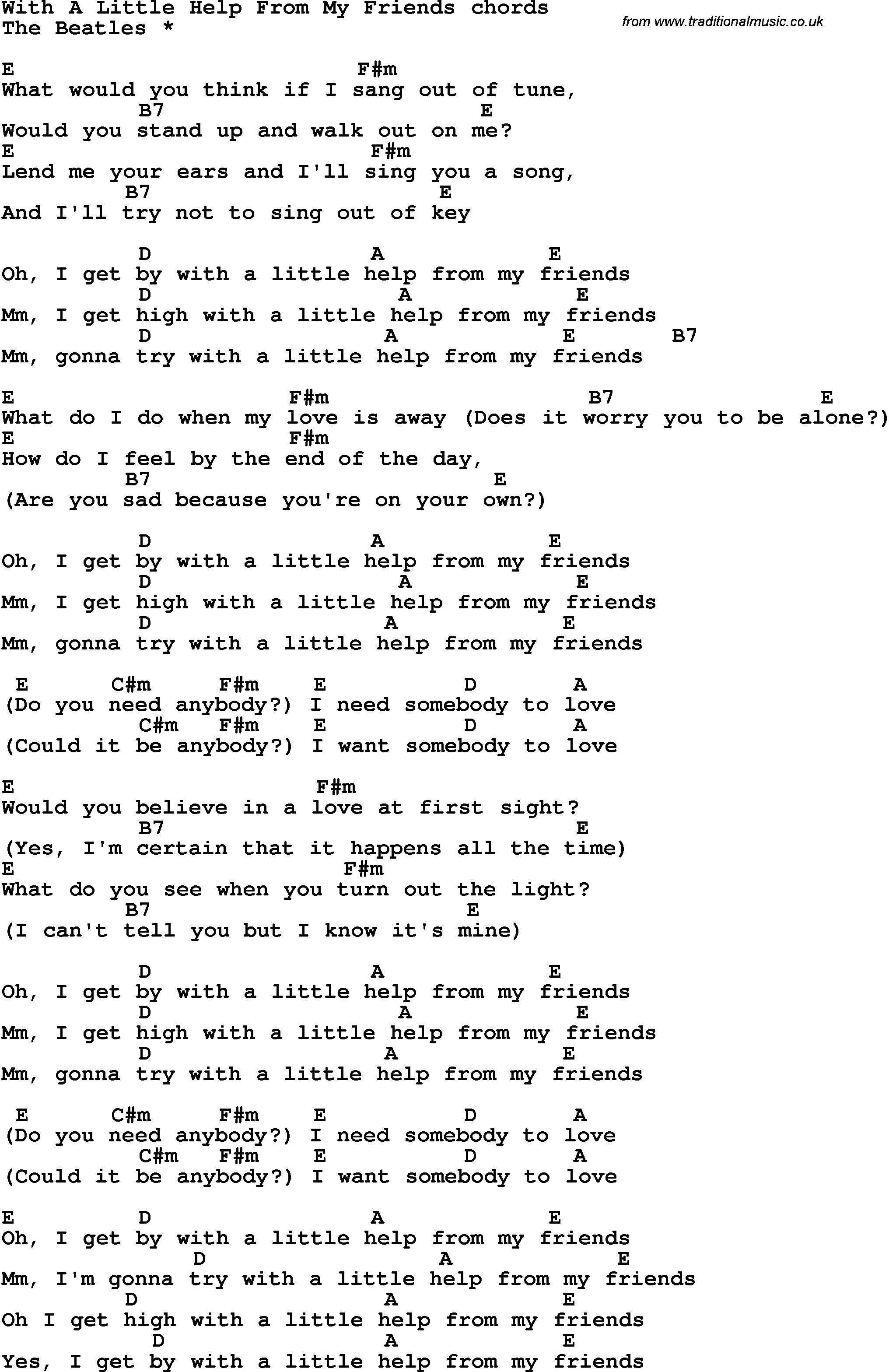 Song Lyrics with guitar chords for With A Little Help From My Friends