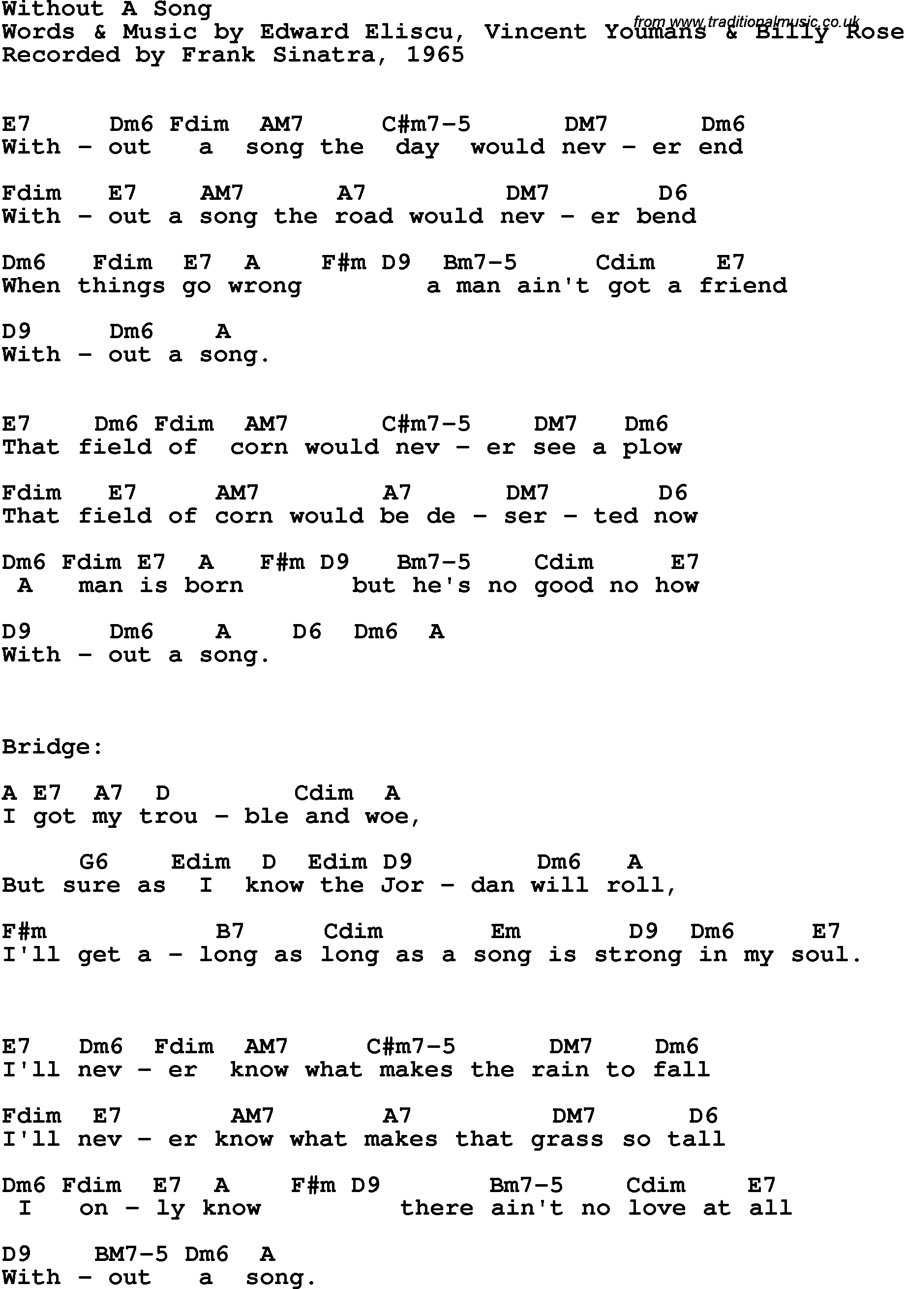 Song Lyrics with guitar chords for Without A Song - Frank Sinatra, 1965