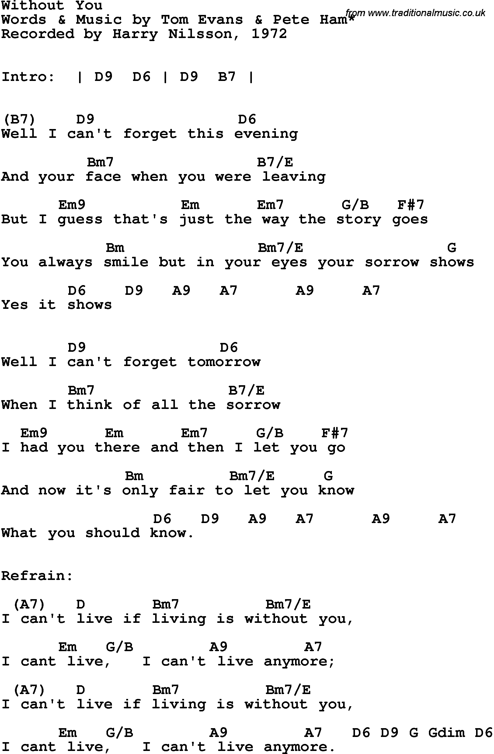 Song Lyrics with guitar chords for Without You - Harry Nillson, 1972