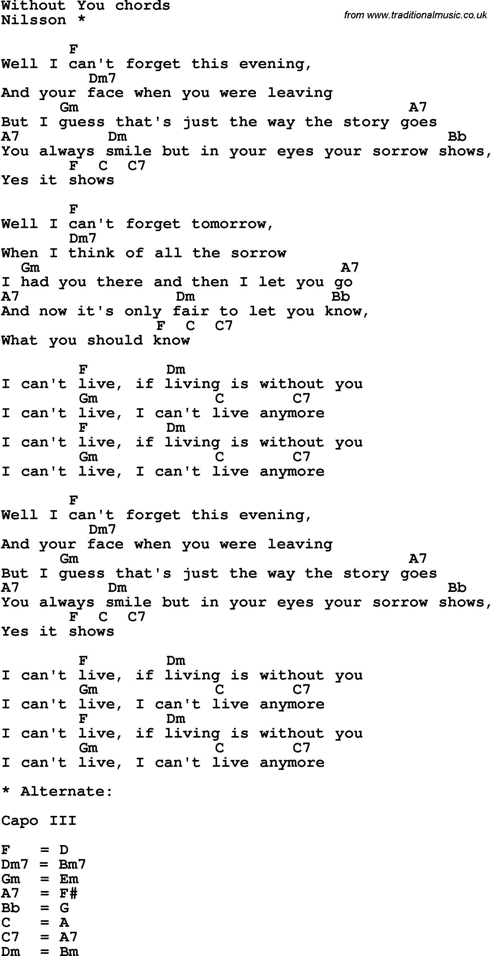 Song Lyrics with guitar chords for Without You