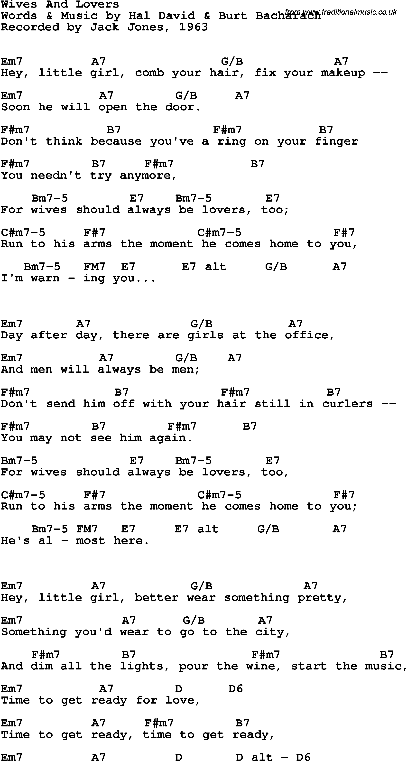 Song Lyrics with guitar chords for Wives And Lovers - Jack Jones, 1963