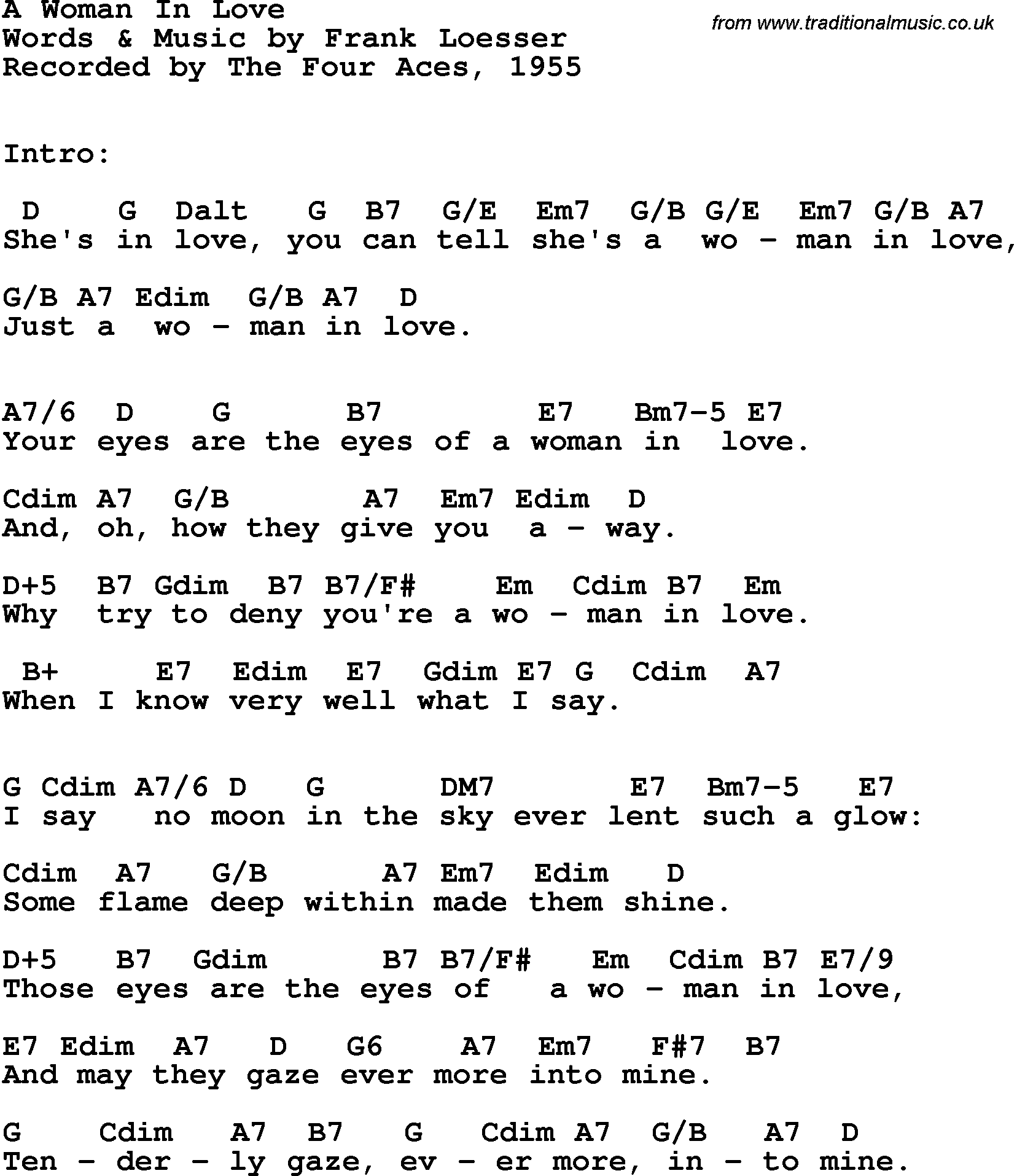 Song Lyrics with guitar chords for Woman In Love, A - The Four Aces, 1955