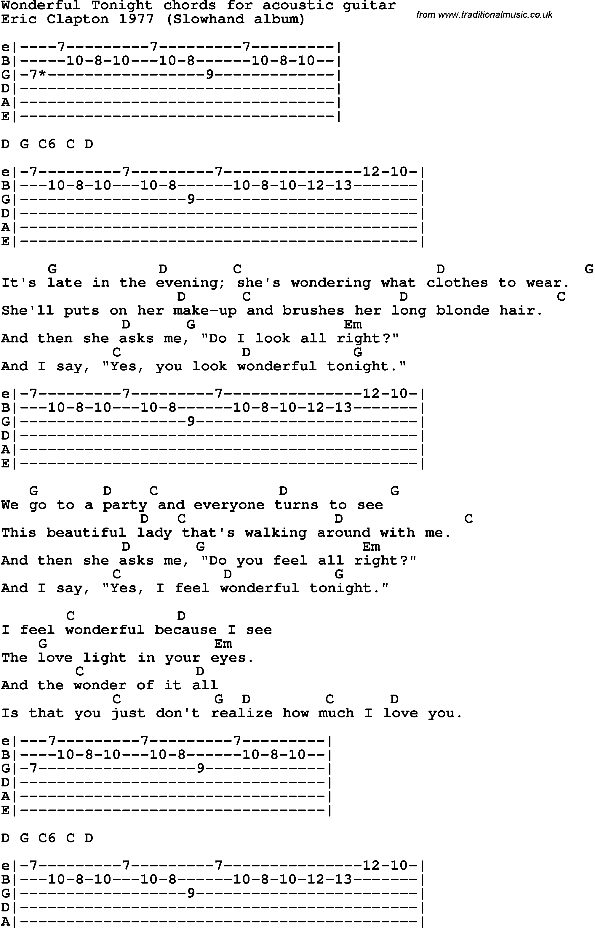 Song Lyrics with guitar chords for Wonderful Tonight