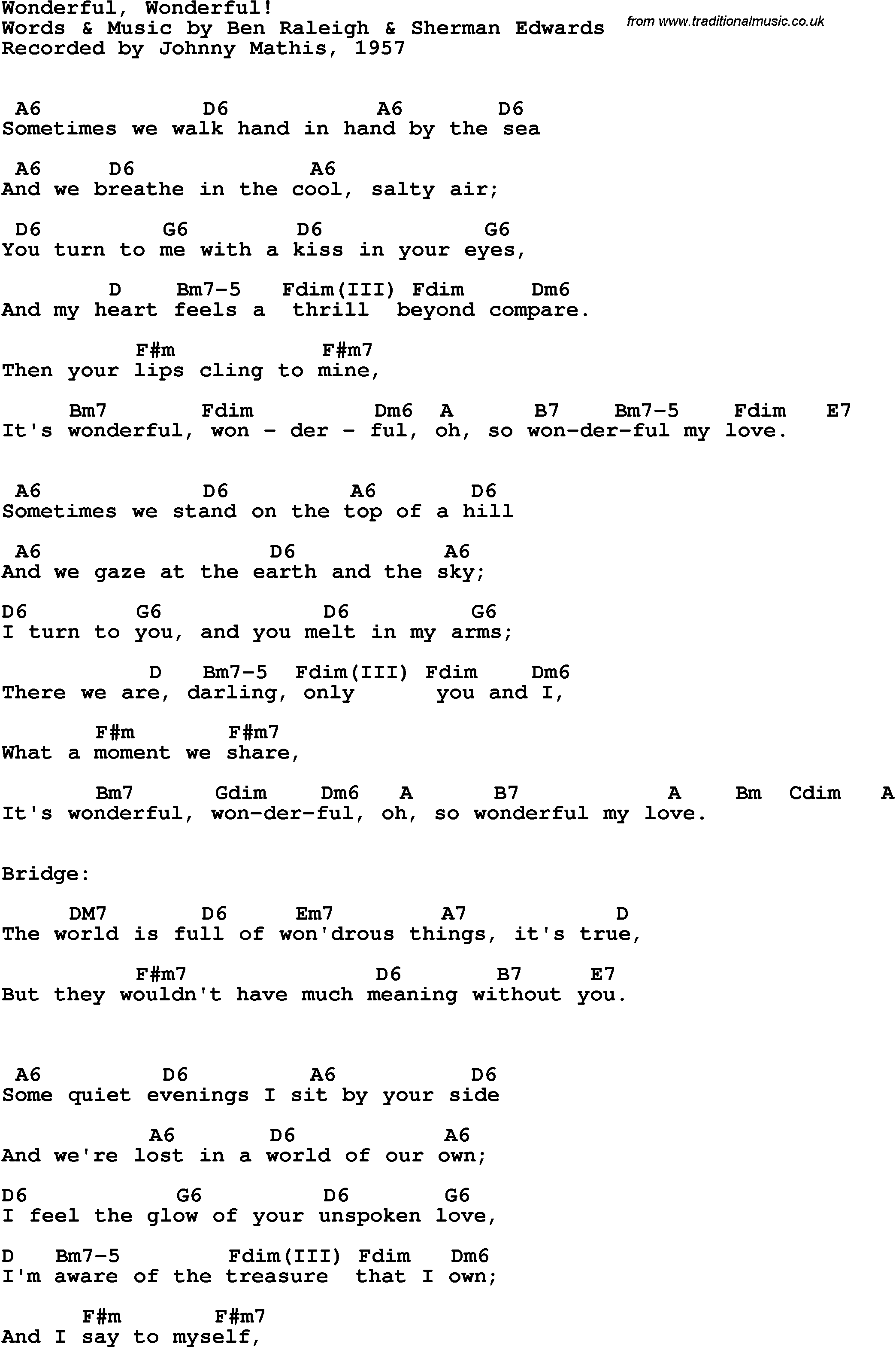 Song Lyrics with guitar chords for Wonderful! Wonderful! - Johnny Mathis, 1957