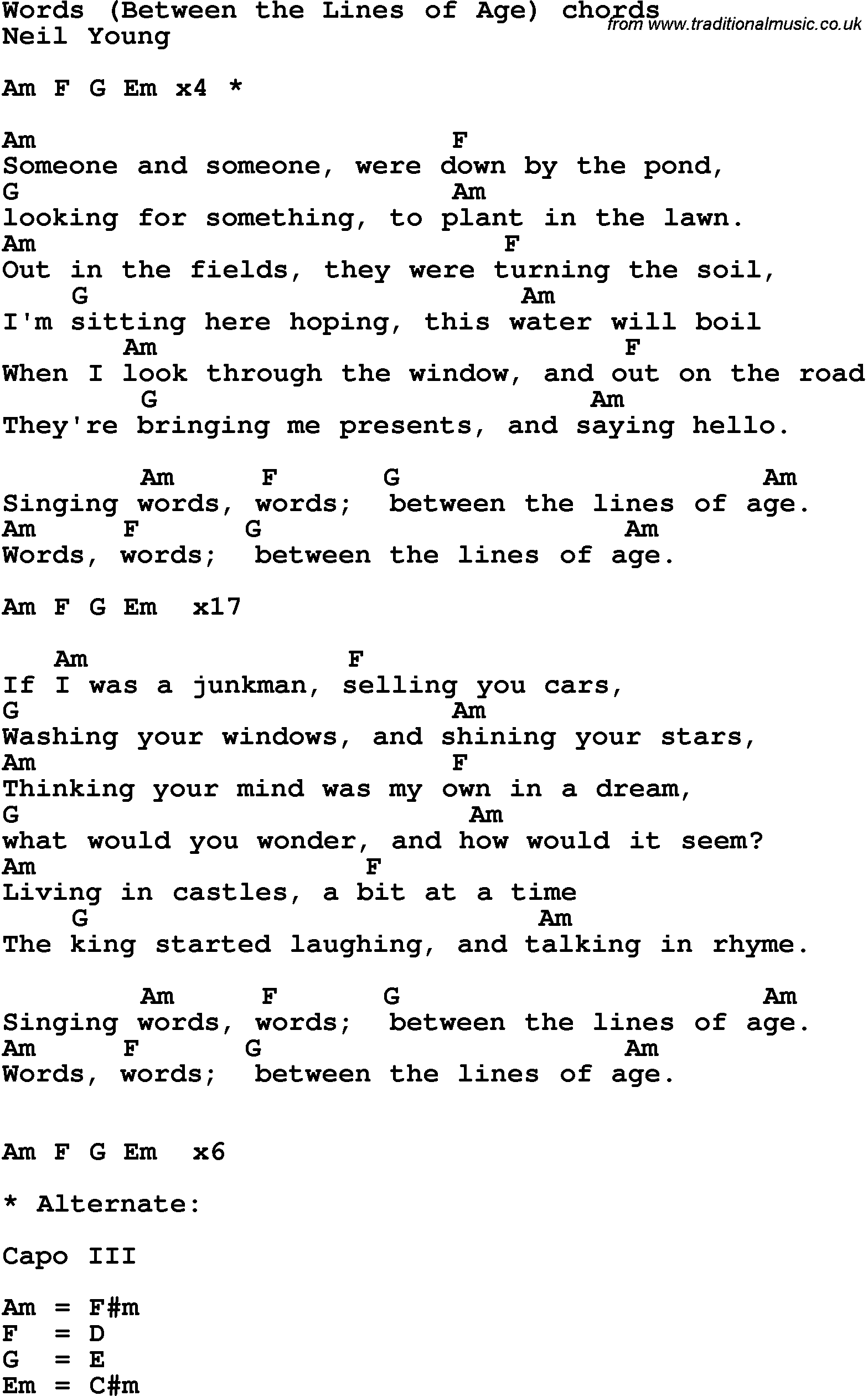 Song Lyrics with guitar chords for Words(Between The Lines Of Age)