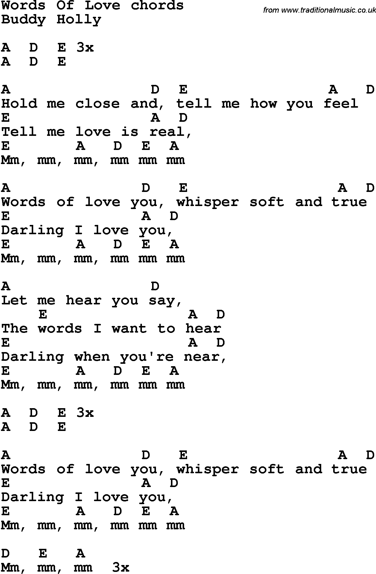 Song Lyrics with guitar chords for Words Of Love - Buddy Holly