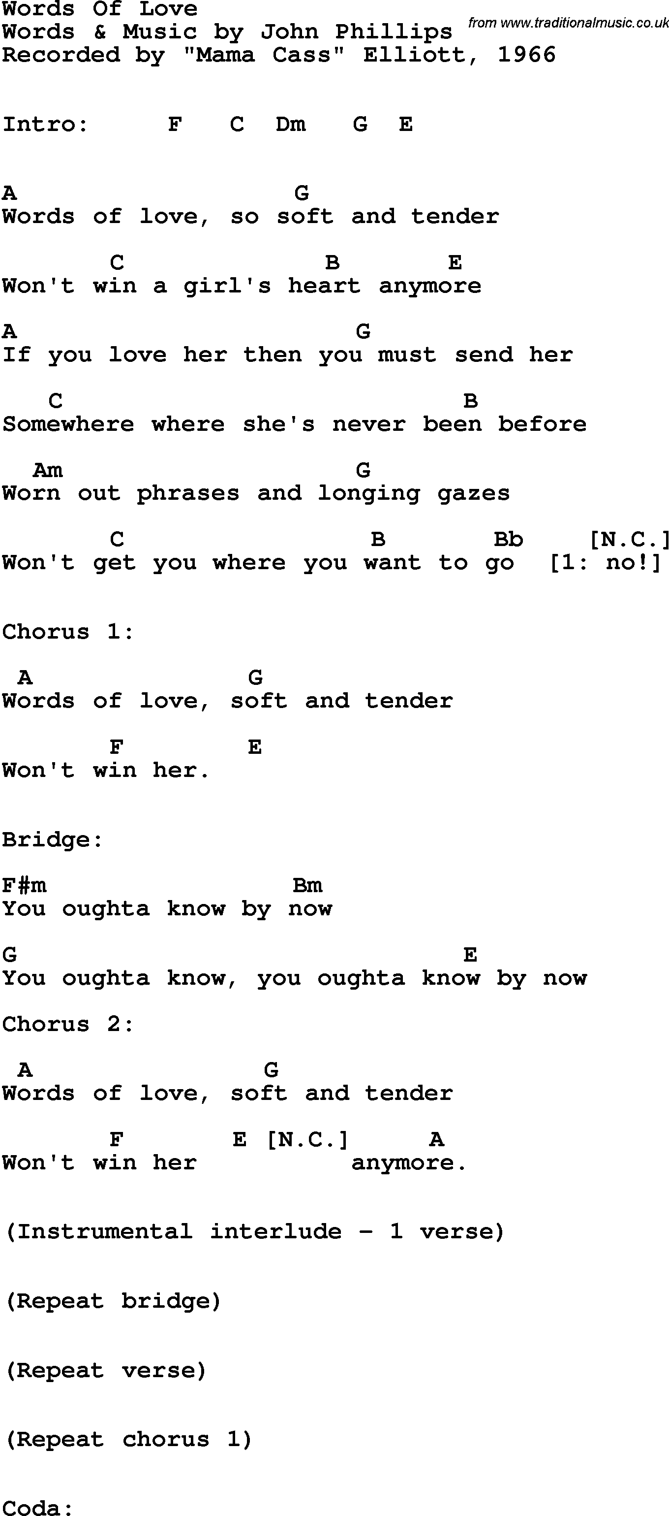 Song Lyrics with guitar chords for Words Of Love - Mama Cass Elliott, 1966