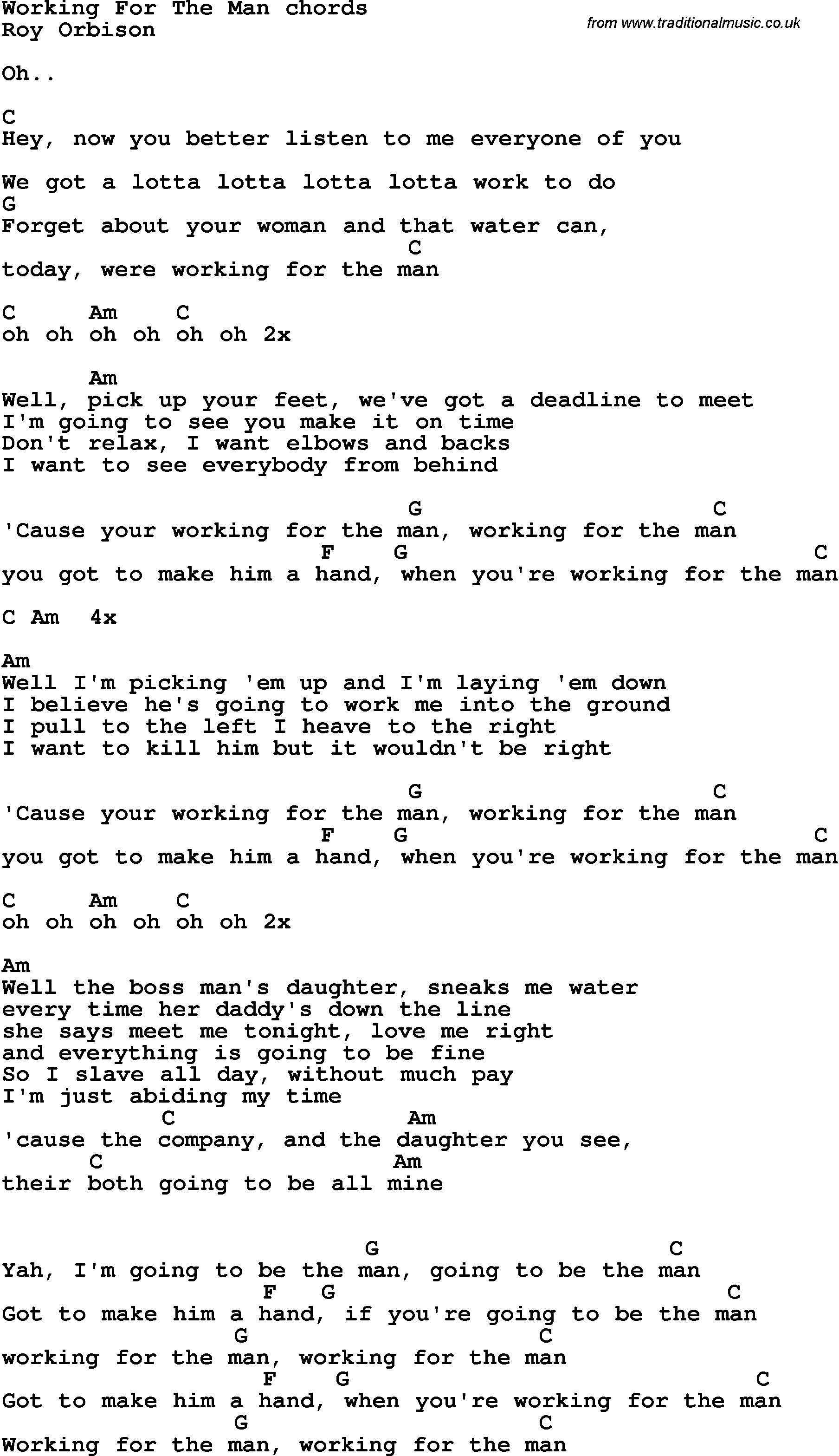 Song Lyrics with guitar chords for Working For The Man
