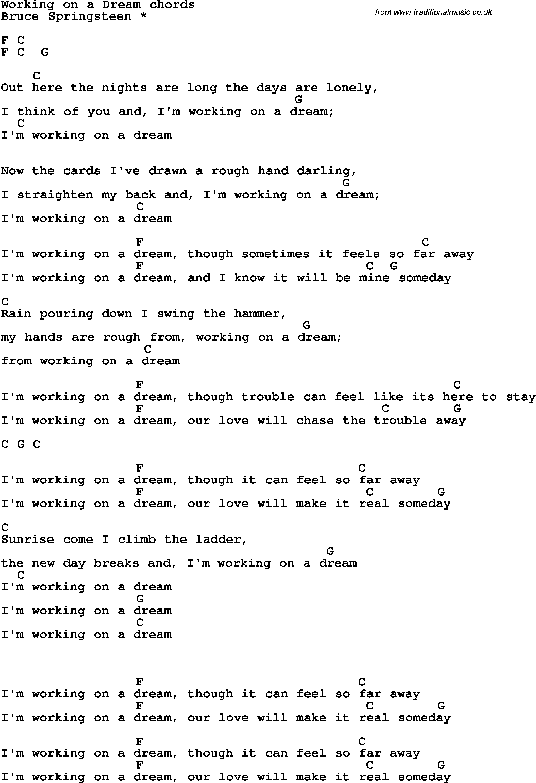 Song Lyrics with guitar chords for Working On A Dream