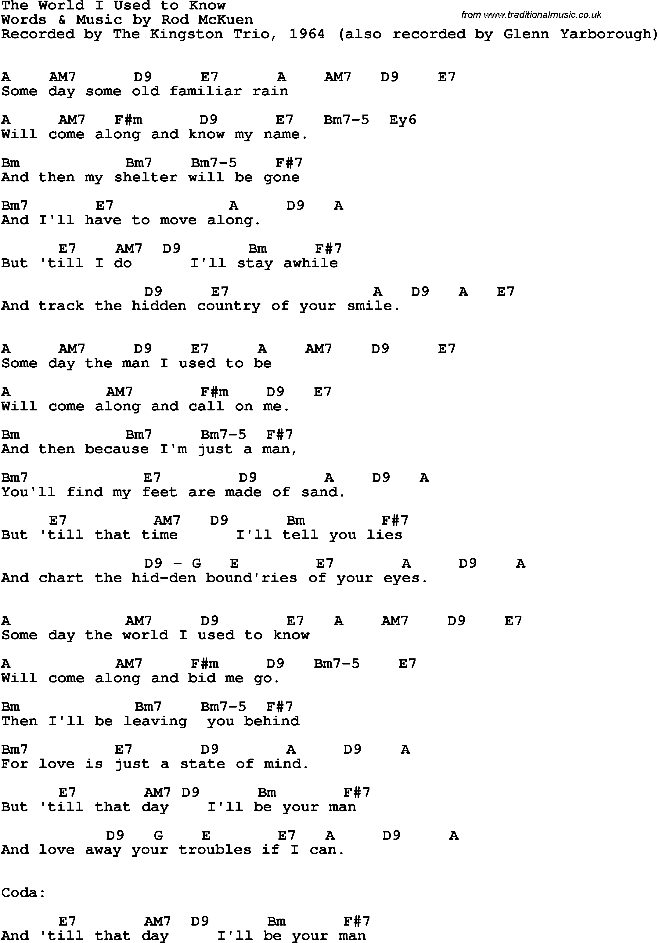 Song Lyrics with guitar chords for World I Used To Know, The - The Kingston Trio, 1964