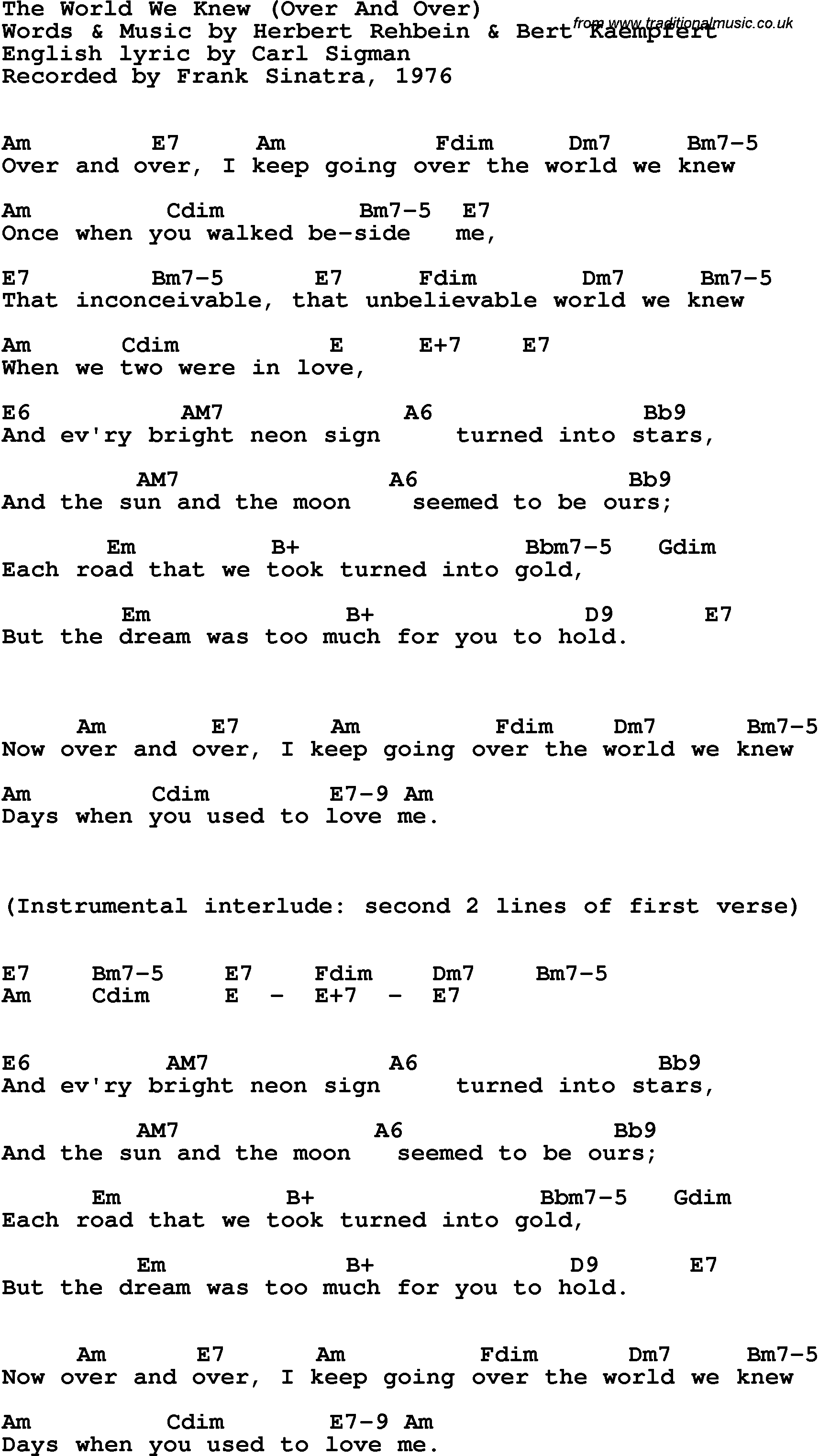 Song Lyrics with guitar chords for World We Knew, The (Over And Over) - Frank Sinatra, 1967